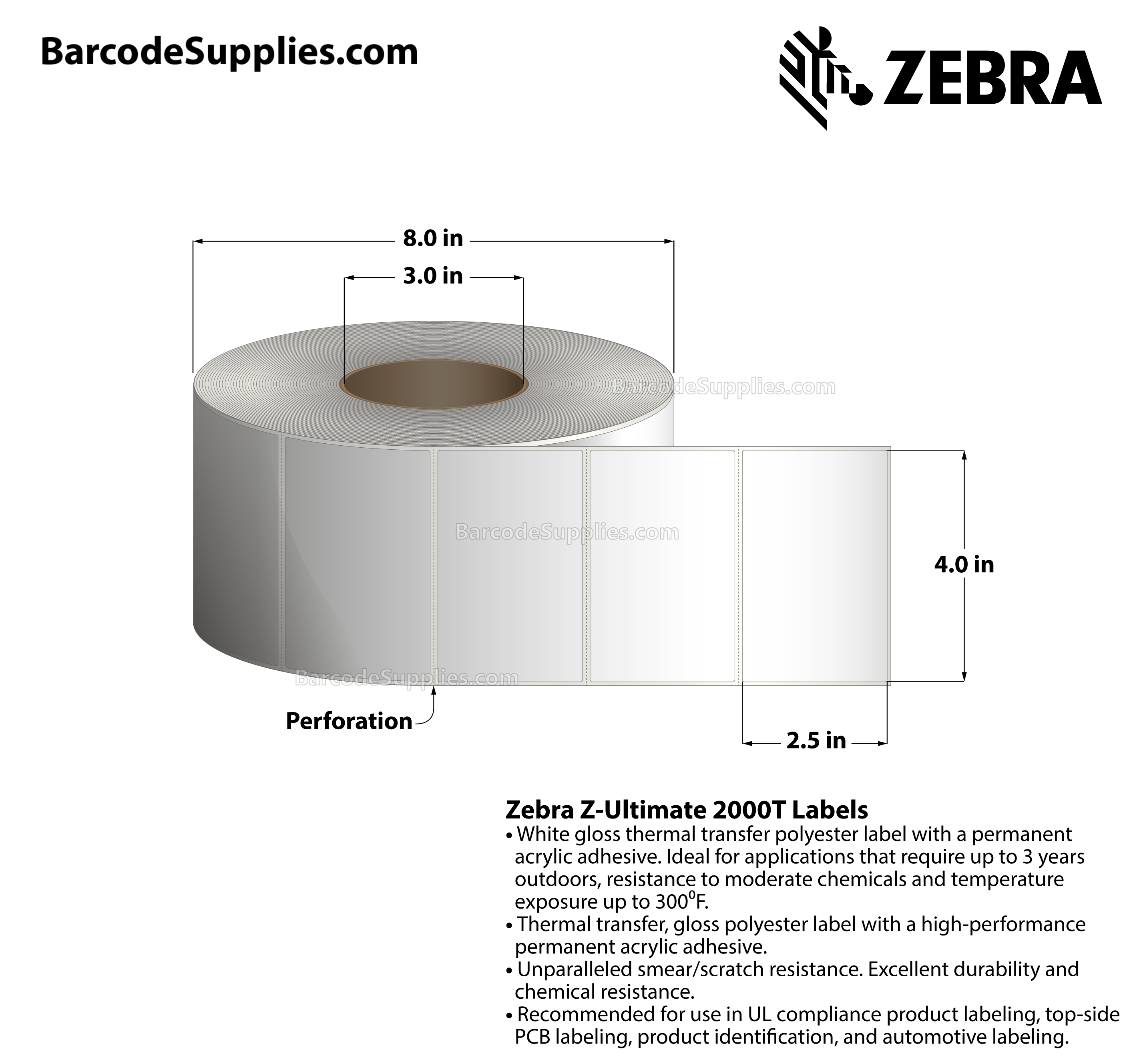 4 x 2.5 Thermal Transfer White Z-Ultimate 2000T Labels With Permanent Adhesive - Perforated - 2240 Labels Per Roll - Carton Of 4 Rolls - 8960 Labels Total - MPN: 10008516