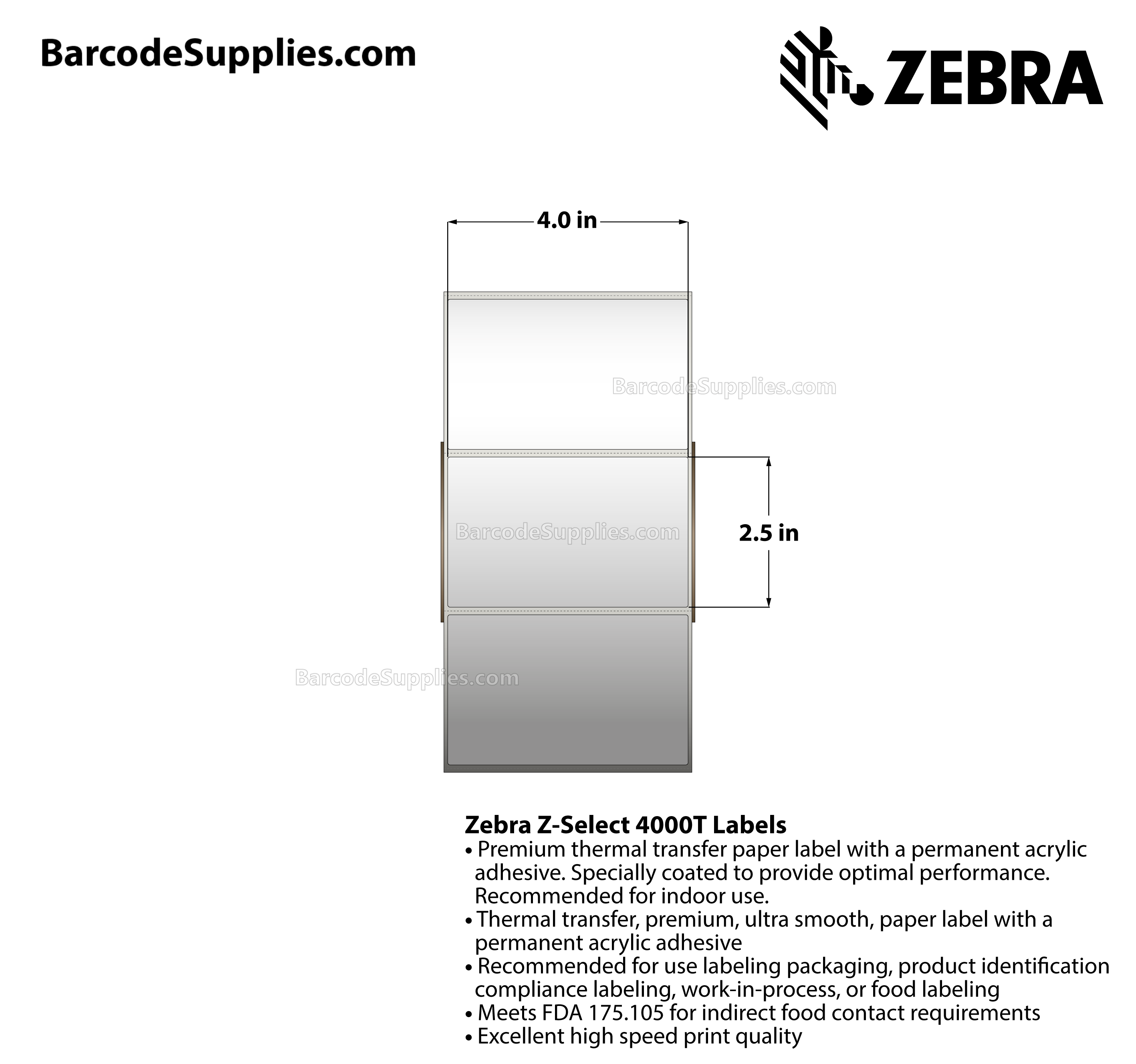 4 x 2.5 Thermal Transfer White Z-Select 4000T Labels With Permanent Adhesive - Perforated - 2130 Labels Per Roll - Carton Of 4 Rolls - 8520 Labels Total - MPN: 94681