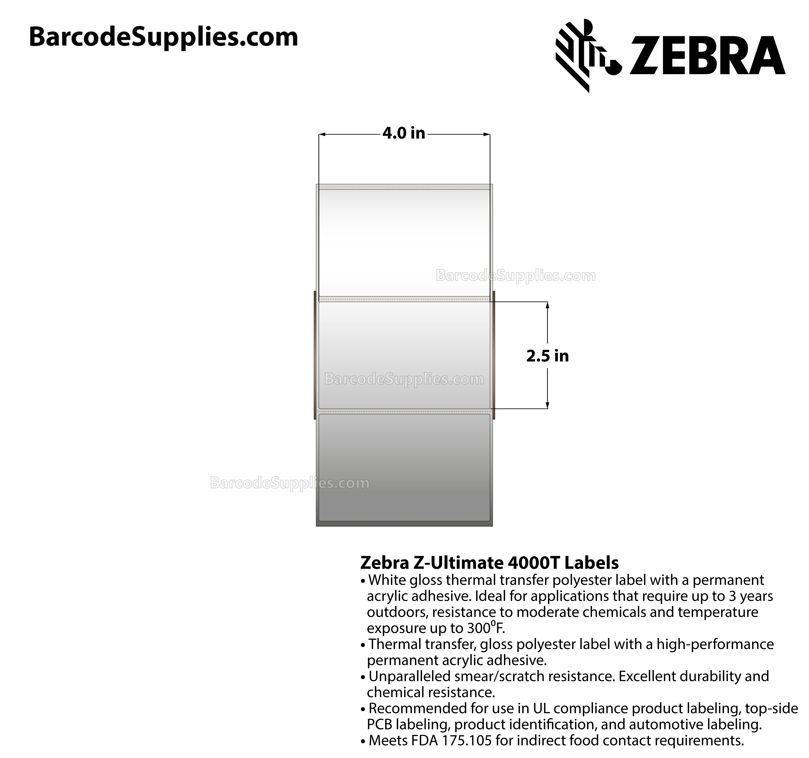 4 x 2.5 Thermal Transfer White Z-Ultimate 4000T Labels With Permanent Adhesive - Perforated - 2240 Labels Per Roll - Carton Of 4 Rolls - 8960 Labels Total - MPN: 10002627