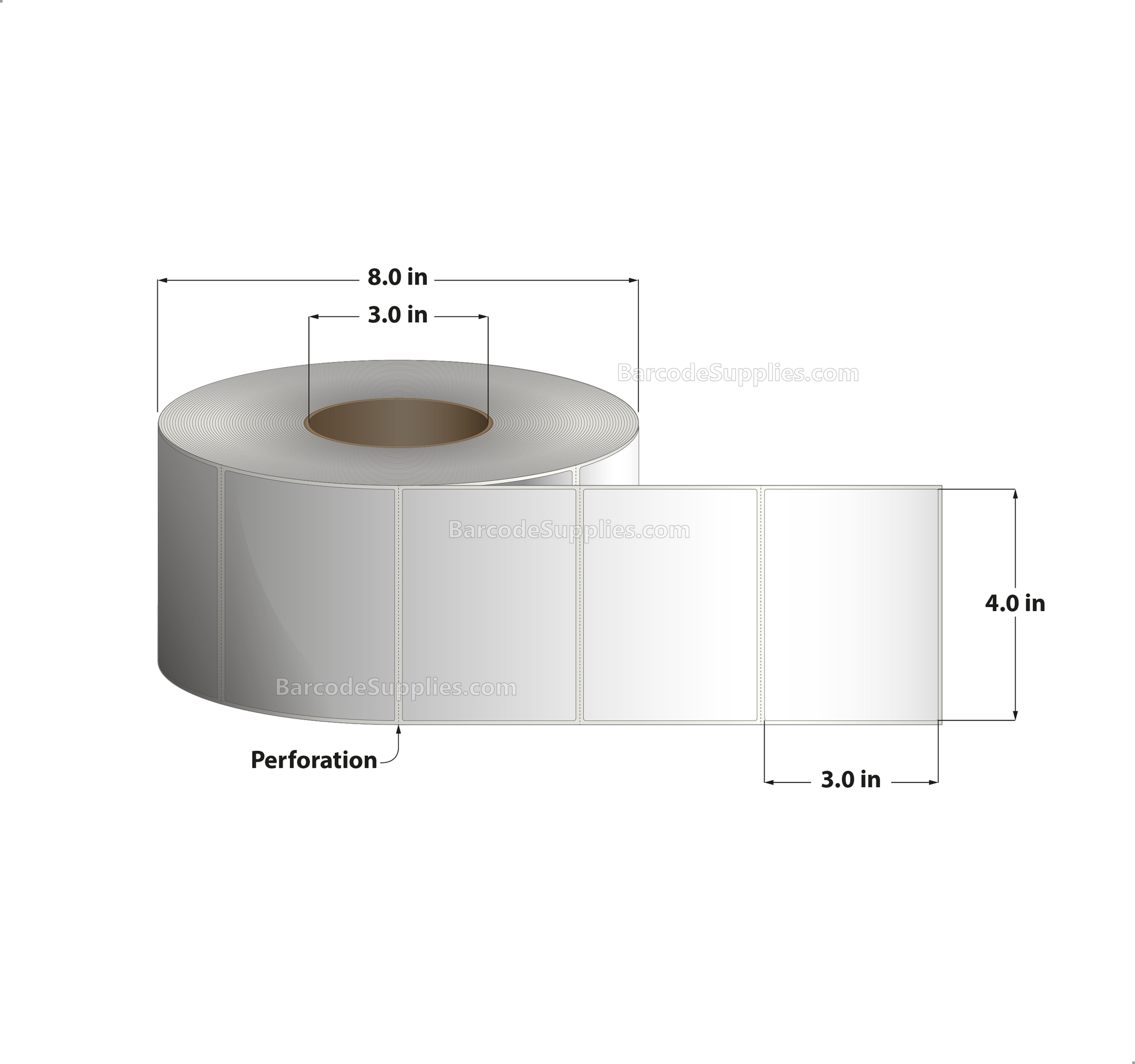 4 x 3 Direct Thermal White Labels With Acrylic Adhesive - Perforated - 1900 Labels Per Roll - Carton Of 4 Rolls - 7600 Labels Total - MPN: RDS-4-3-1900-3