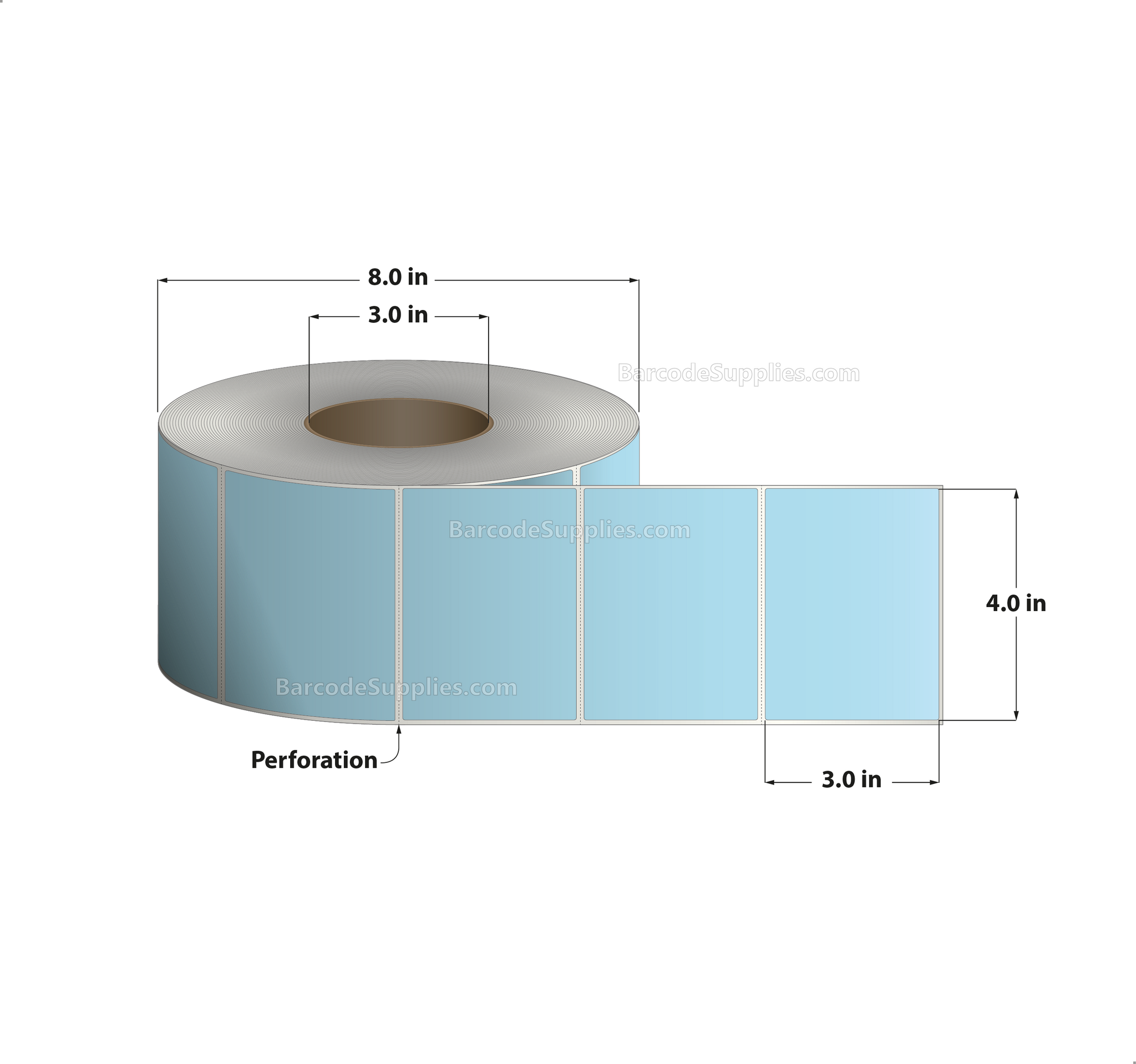 4 x 3 Direct Thermal Blue Labels With Acrylic Adhesive - Perforated - 1900 Labels Per Roll - Carton Of 4 Rolls - 7600 Labels Total - MPN: RD-4-3-1900-BL