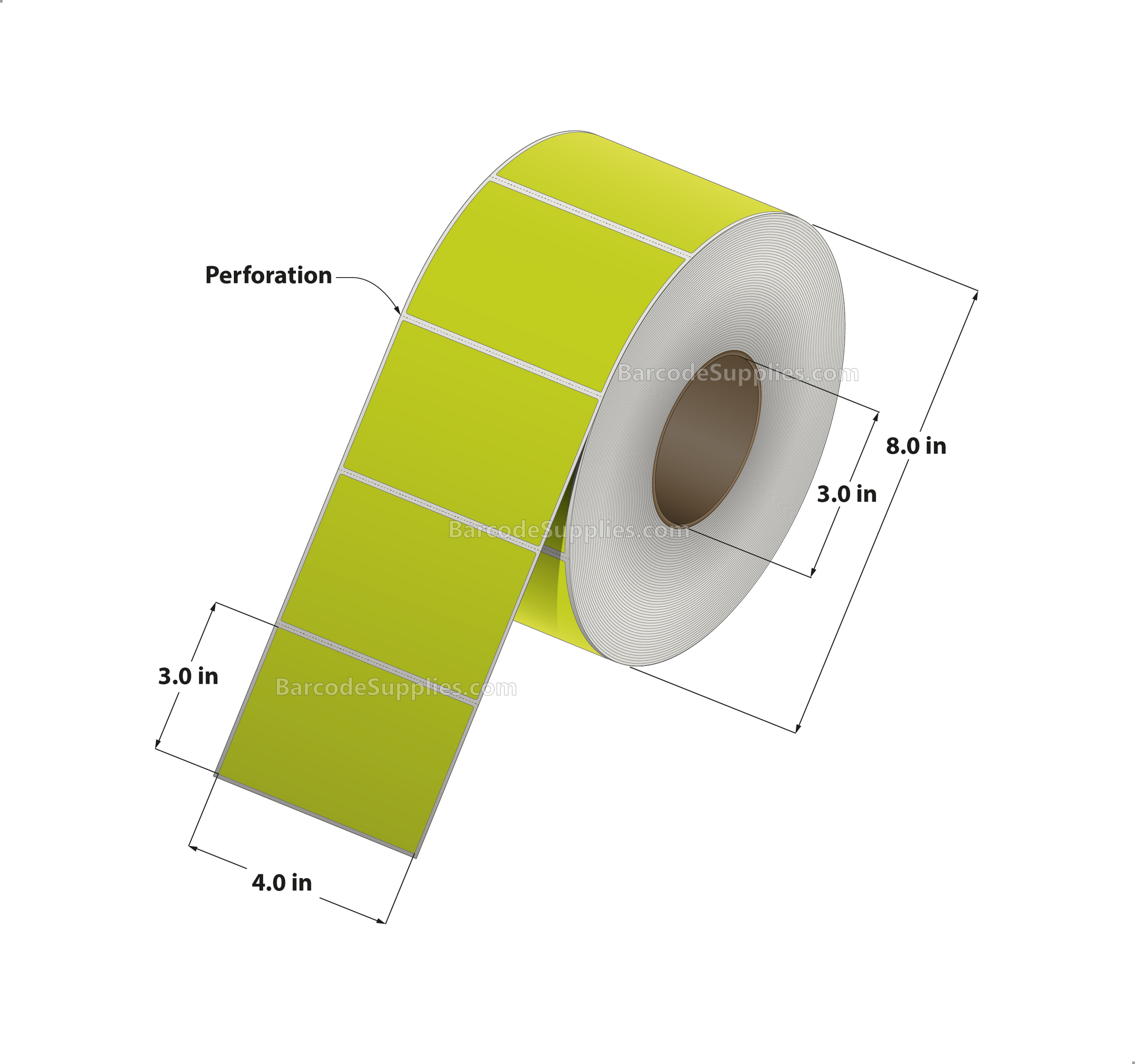 4 x 3 Thermal Transfer Fluorescent Chartreuse Labels With Permanent Adhesive - Perforated - 1900 Labels Per Roll - Carton Of 4 Rolls - 7600 Labels Total - MPN: FL-4-3-1900-CH