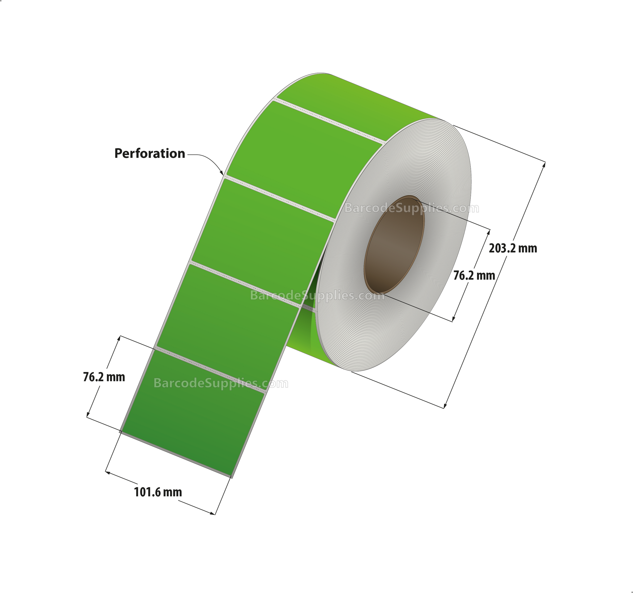 4 x 3 Thermal Transfer Fluorescent 802 Green Labels With Permanent Adhesive - Perforated - 1900 Labels Per Roll - Carton Of 4 Rolls - 7600 Labels Total - MPN: FL-4-3-1900-GR