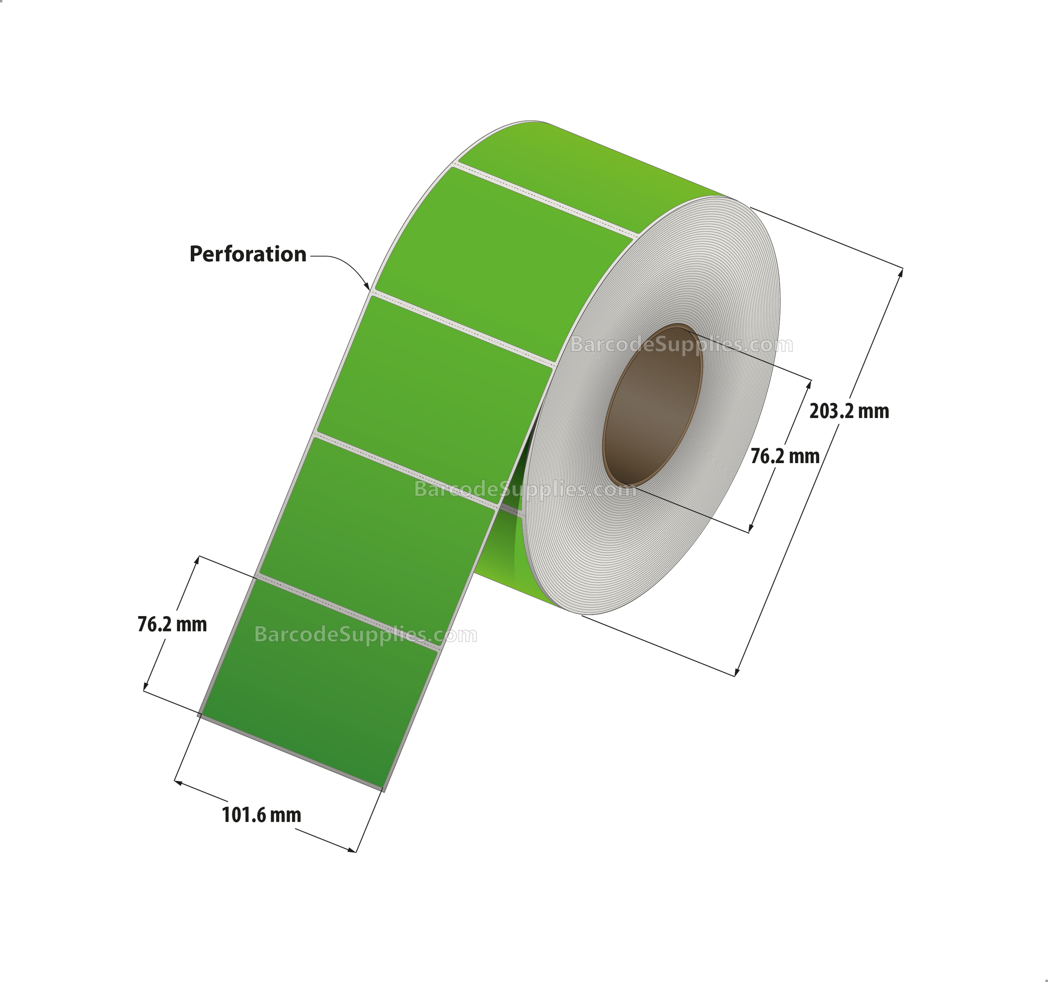 4 x 3 Thermal Transfer Fluorescent Green Labels With Permanent Acrylic Adhesive - Perforated - 1900 Labels Per Roll - Carton Of 4 Rolls - 7600 Labels Total - MPN: TH43-1PFG