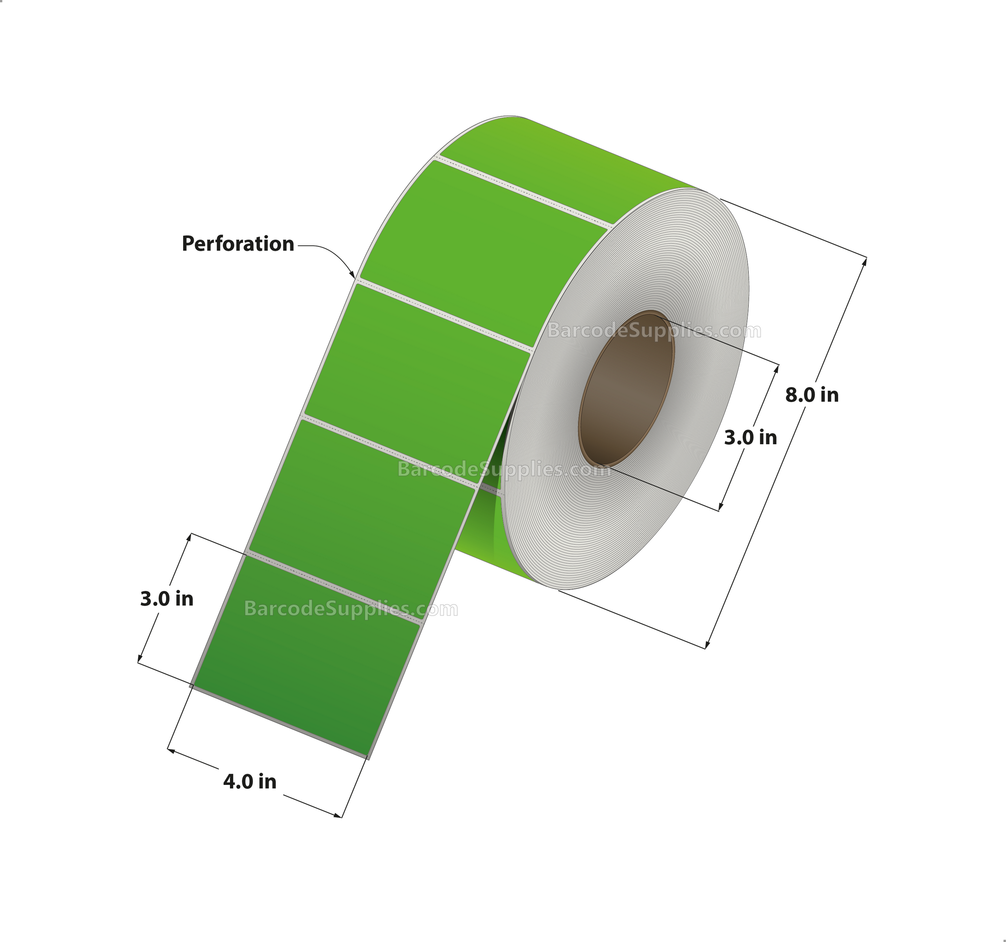 4 x 3 Thermal Transfer Fluorescent 802 Green Labels With Permanent Adhesive - Perforated - 1900 Labels Per Roll - Carton Of 4 Rolls - 7600 Labels Total - MPN: FL-4-3-1900-GR