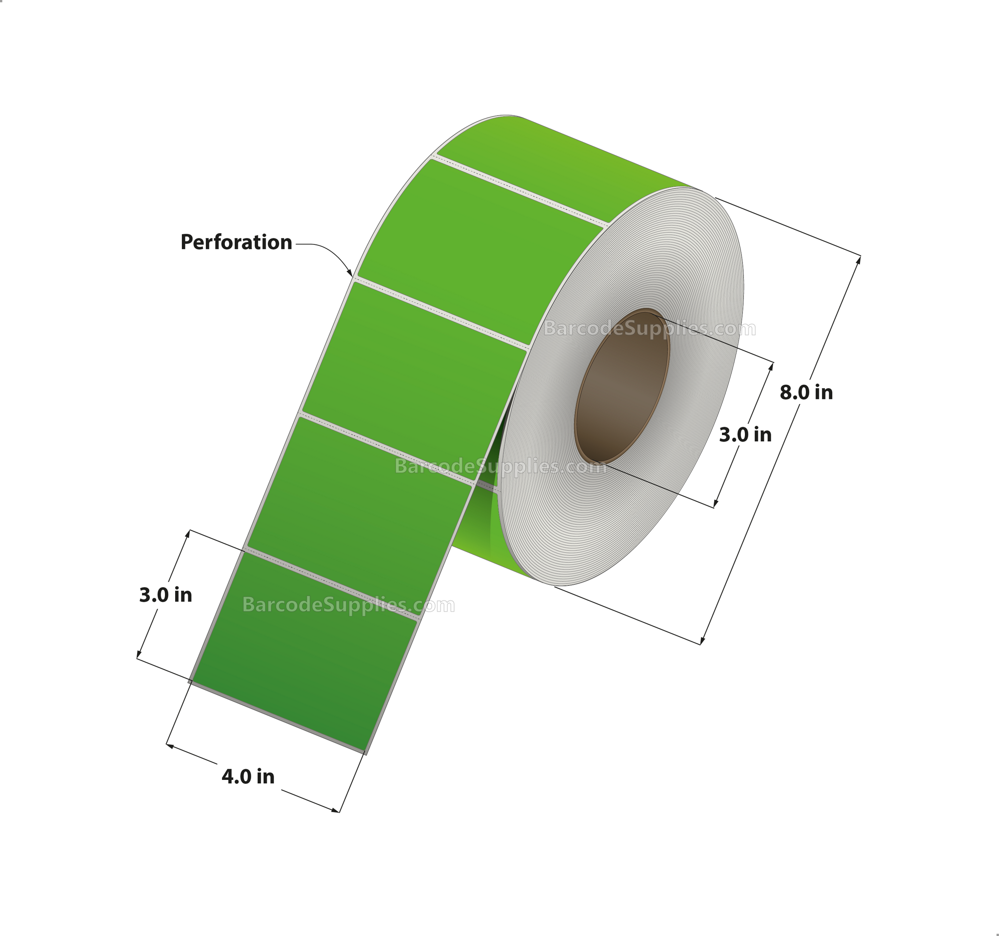 4 x 3 Thermal Transfer Fluorescent Green Labels With Permanent Acrylic Adhesive - Perforated - 1900 Labels Per Roll - Carton Of 4 Rolls - 7600 Labels Total - MPN: TH43-1PFG