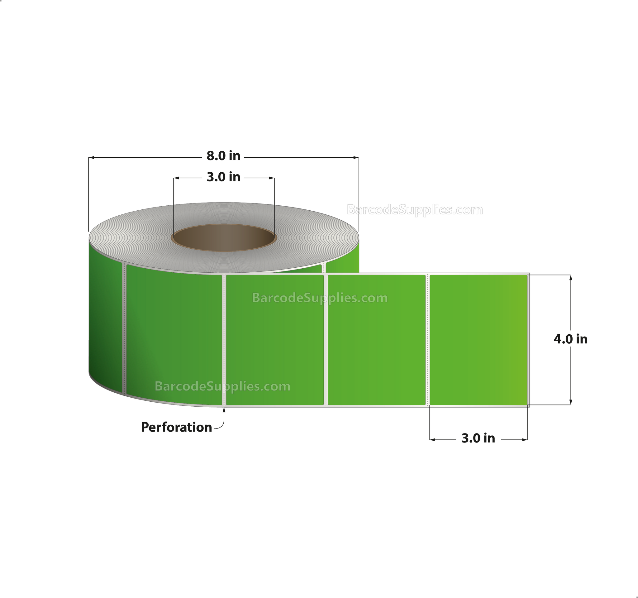 4 x 3 Thermal Transfer Fluorescent 802 Green Labels With Permanent Adhesive - Perforated - 1900 Labels Per Roll - Carton Of 4 Rolls - 7600 Labels Total - MPN: FL-4-3-1900-GR