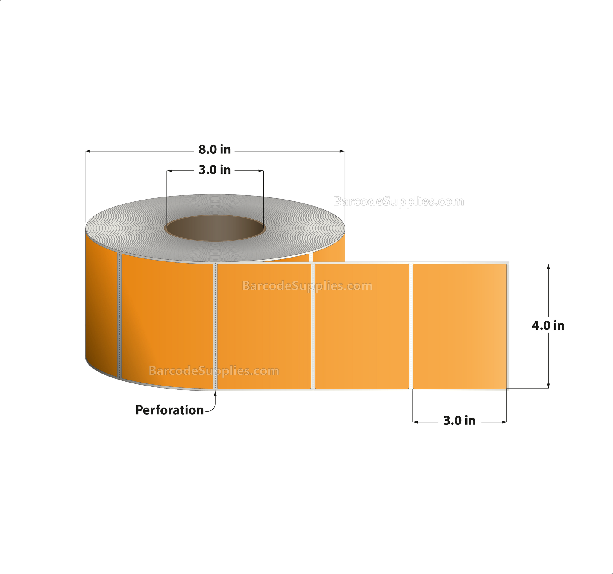 4 x 3 Thermal Transfer Fluorescent 804 Orange Labels With Permanent Adhesive - Perforated - 1900 Labels Per Roll - Carton Of 4 Rolls - 7600 Labels Total - MPN: FL-4-3-1900-OR