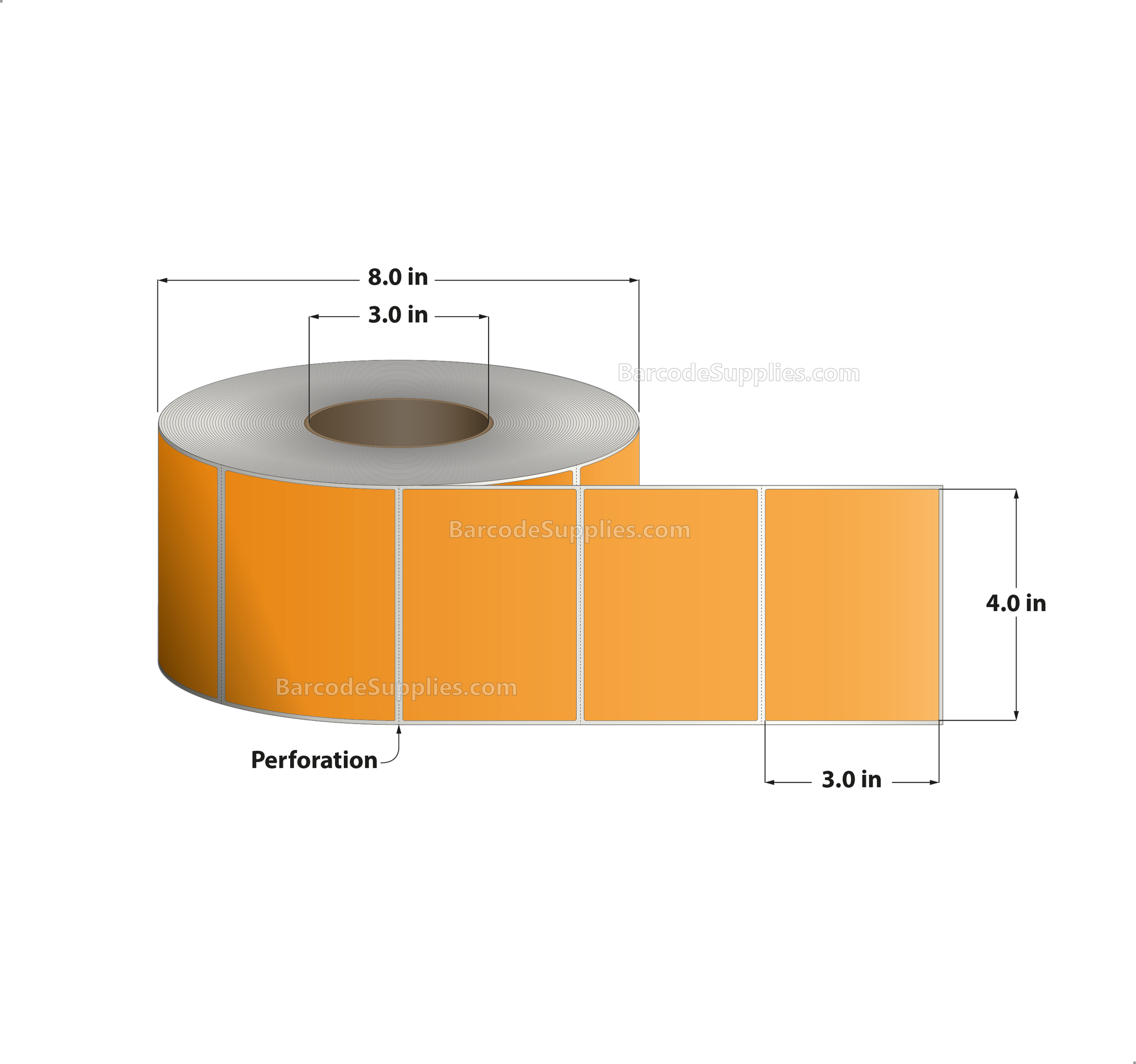 4 x 3 Thermal Transfer 136 Orange Labels With Permanent Acrylic Adhesive - Perforated - 1900 Labels Per Roll - Carton Of 4 Rolls - 7600 Labels Total - MPN: TH43-1PO