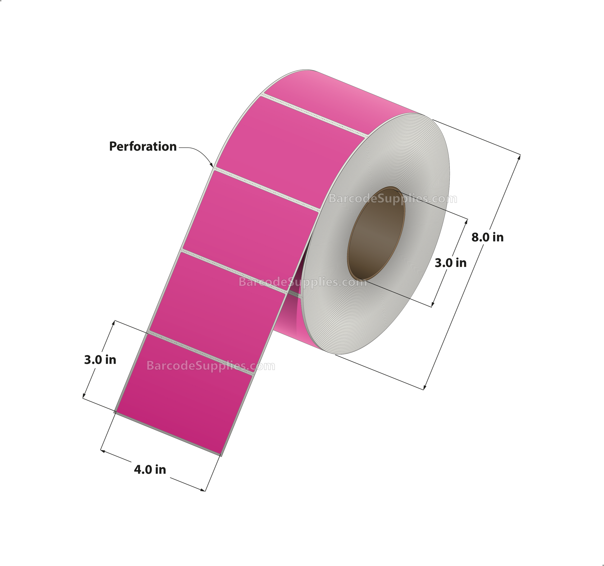 4 x 3 Thermal Transfer Fluorescent 806 Pink Labels With Permanent Adhesive - Perforated - 1900 Labels Per Roll - Carton Of 4 Rolls - 7600 Labels Total - MPN: FL-4-3-1900-PK