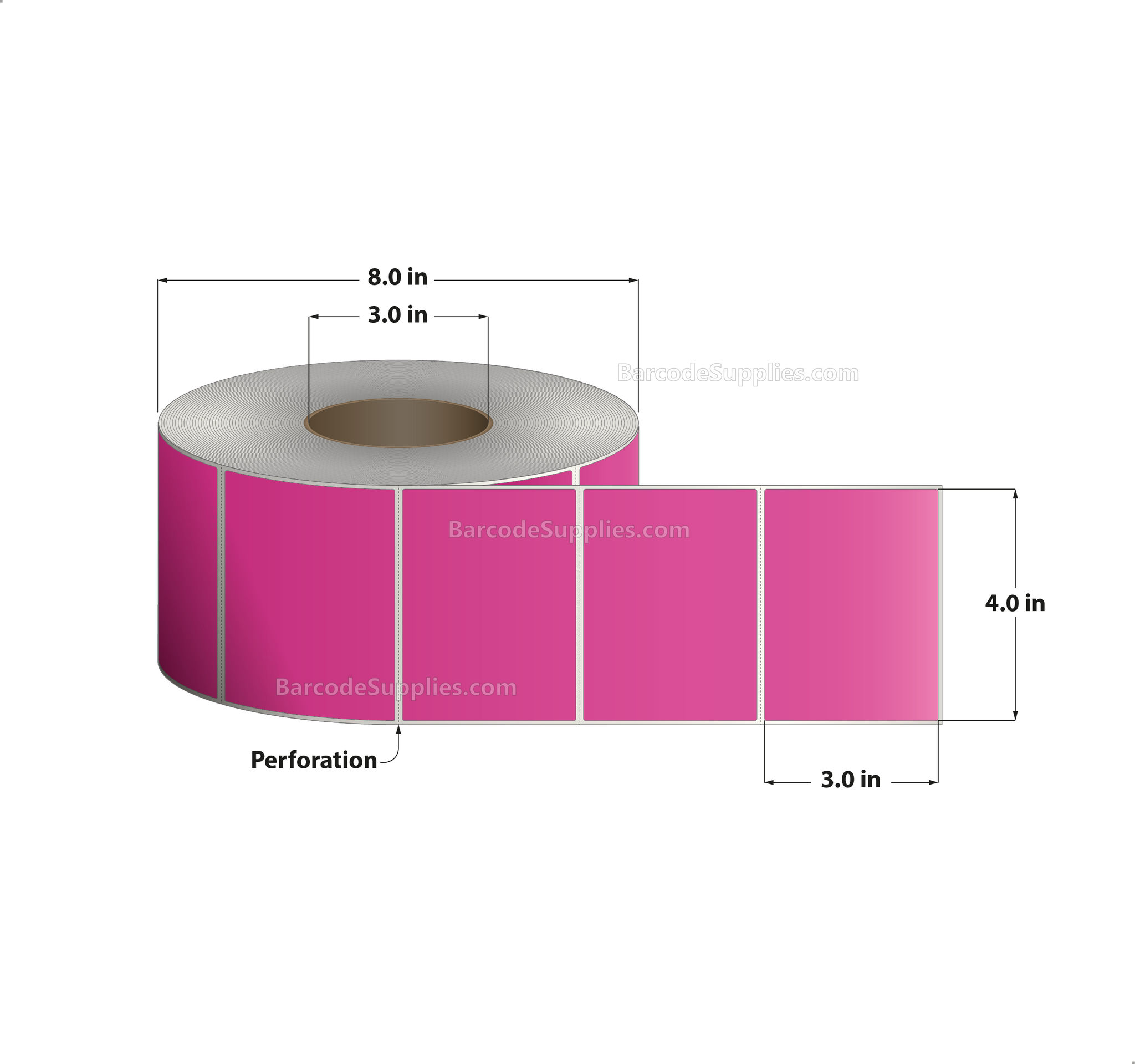 4 x 3 Thermal Transfer Fluorescent 806 Pink Labels With Permanent Adhesive - Perforated - 1900 Labels Per Roll - Carton Of 4 Rolls - 7600 Labels Total - MPN: FL-4-3-1900-PK