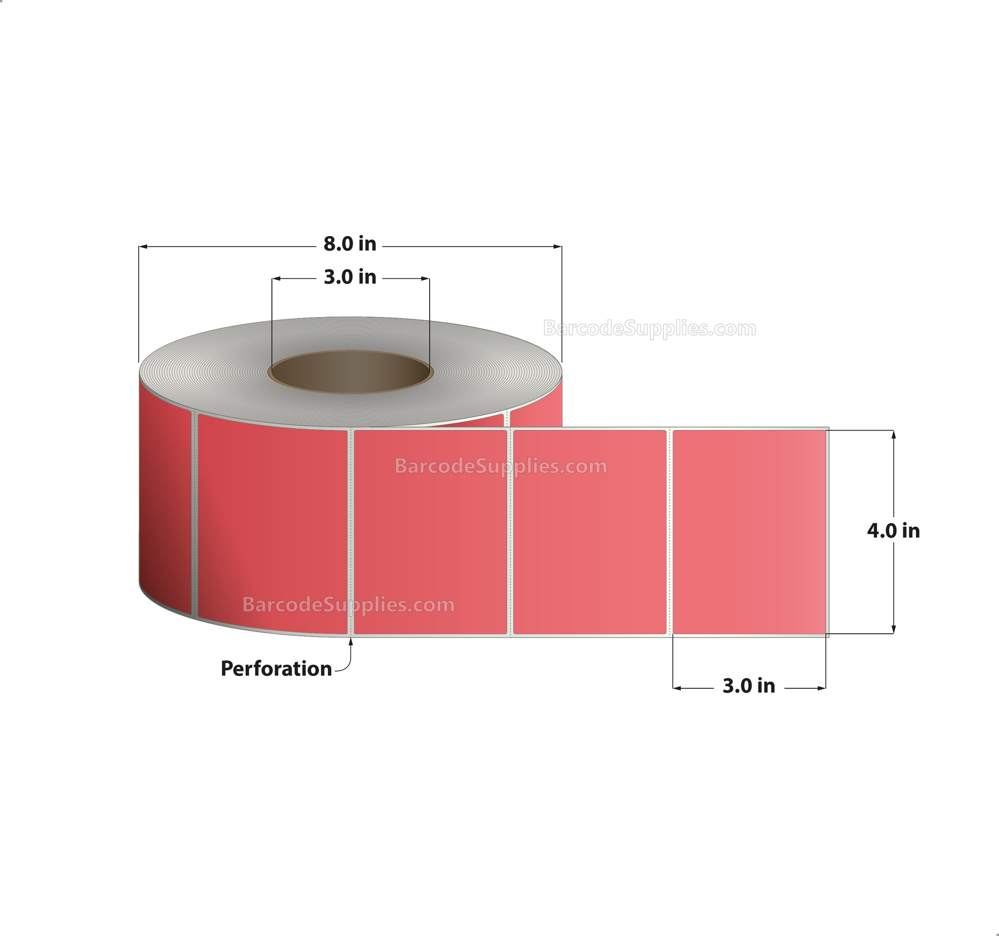 4 x 2 Thermal Transfer Fluorescent 805 Red Labels With Permanent Adhesive - Perforated - 2900 Labels Per Roll - Carton Of 4 Rolls - 11600 Labels Total - MPN: FL-4-2-2900-RD