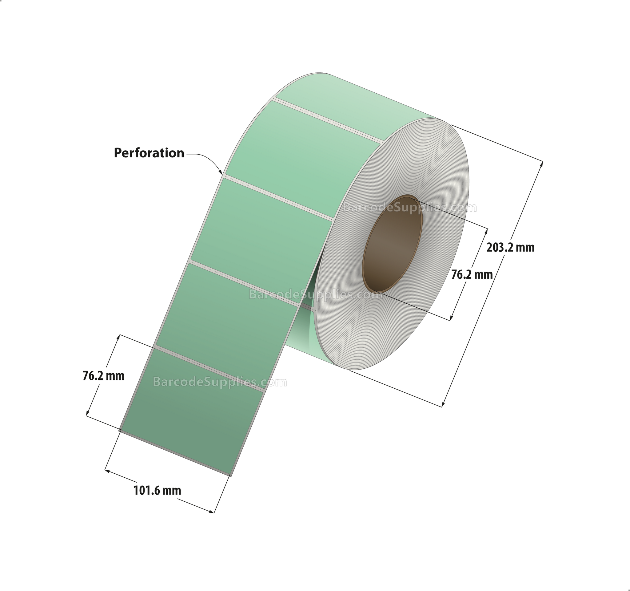 4 x 3 Thermal Transfer 345 Green Labels With Permanent Adhesive - Perforated - 1900 Labels Per Roll - Carton Of 4 Rolls - 7600 Labels Total - MPN: RFC-4-3-1900-GR - BarcodeSource, Inc.
