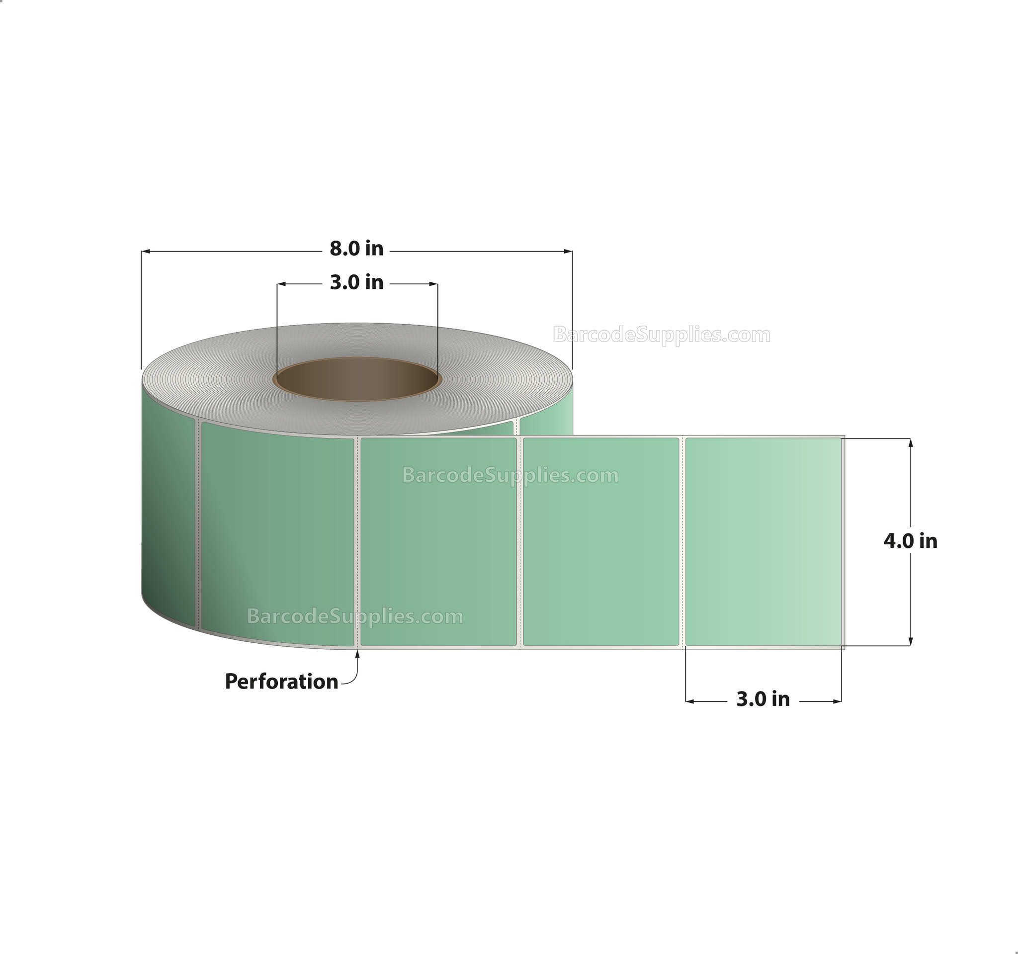 4 x 3 Direct Thermal Green Labels With Acrylic Adhesive - Perforated - 1900 Labels Per Roll - Carton Of 4 Rolls - 7600 Labels Total - MPN: RD-4-3-1900-GR