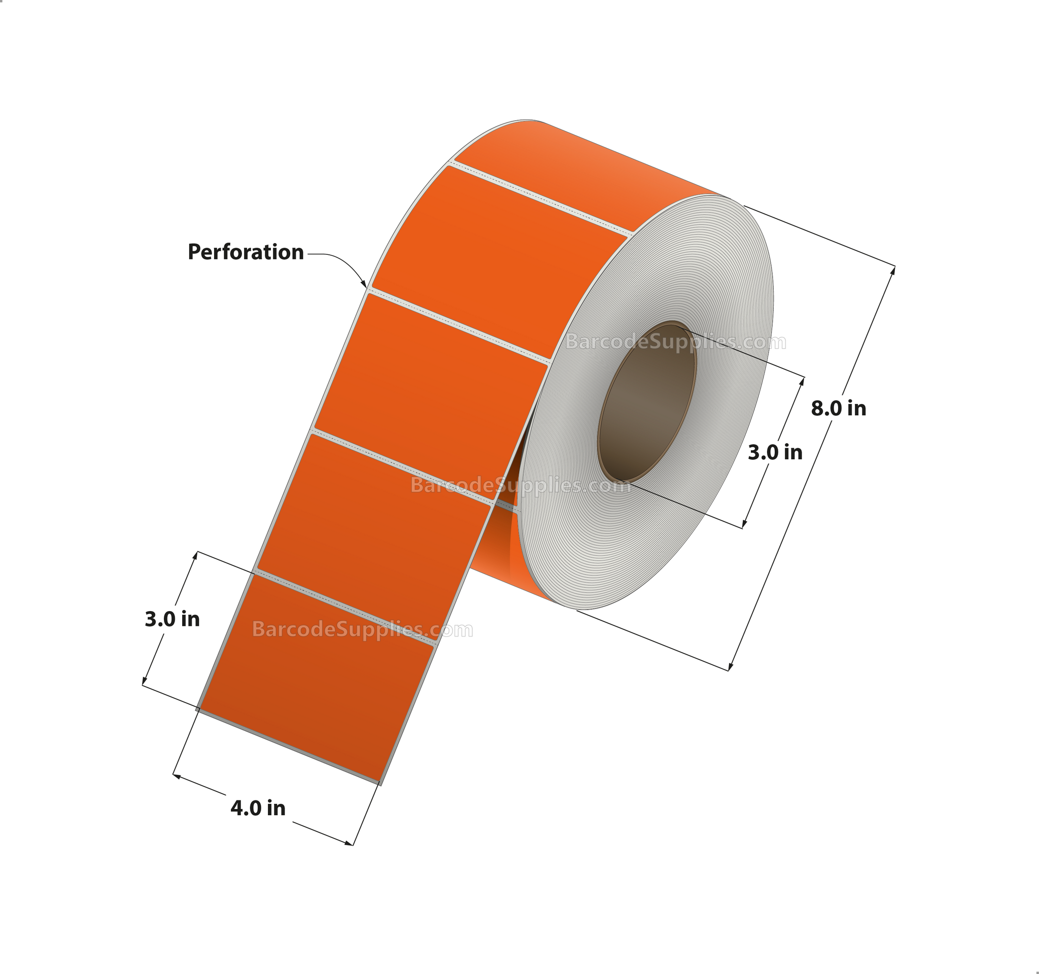 4 x 3 Direct Thermal Orange Labels With Acrylic Adhesive - Perforated - 1900 Labels Per Roll - Carton Of 4 Rolls - 7600 Labels Total - MPN: RD-4-3-1900-OR