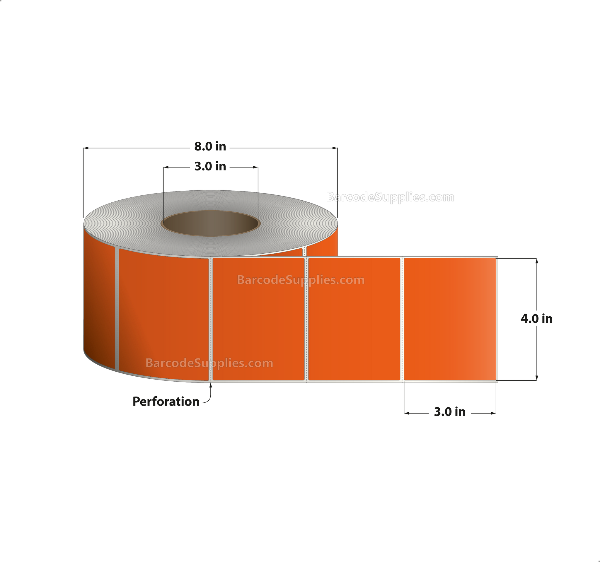 4 x 3 Direct Thermal Orange Labels With Acrylic Adhesive - Perforated - 1900 Labels Per Roll - Carton Of 4 Rolls - 7600 Labels Total - MPN: RD-4-3-1900-OR