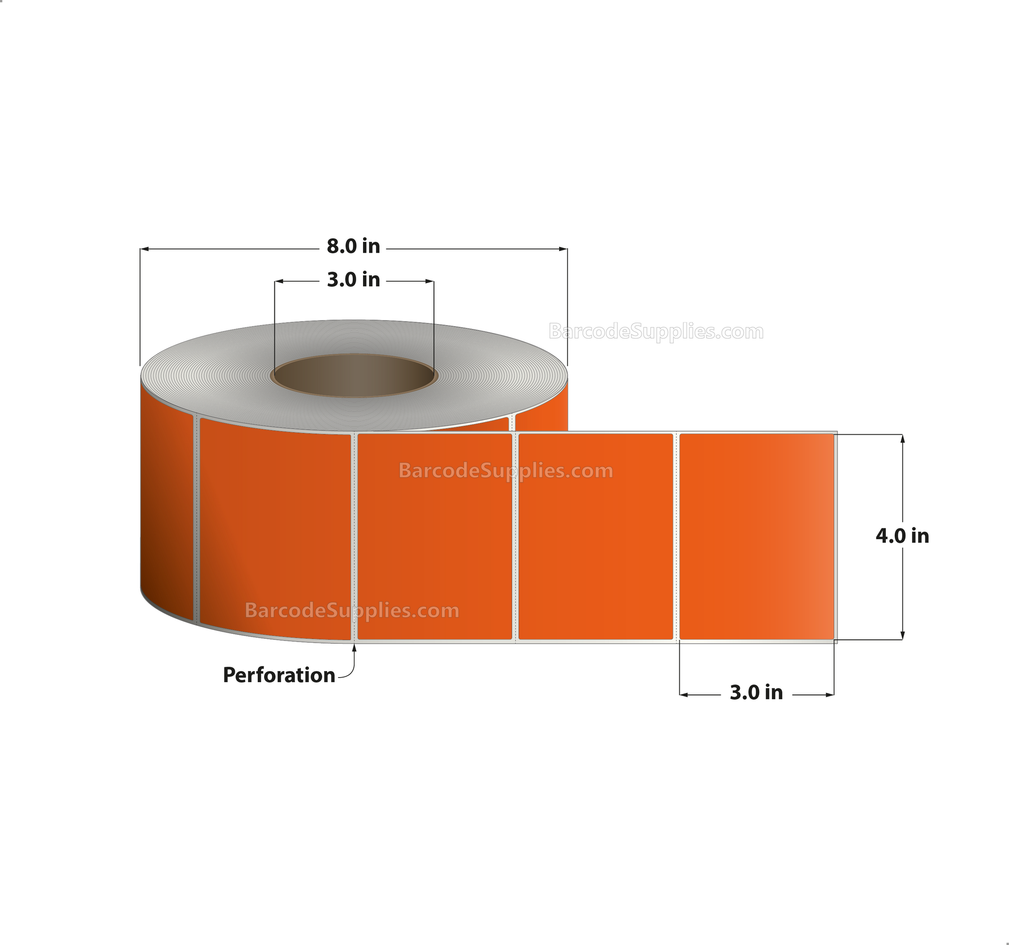 4 x 3 Thermal Transfer Fluorescent Orange Labels With Permanent Acrylic Adhesive - Perforated - 1900 Labels Per Roll - Carton Of 4 Rolls - 7600 Labels Total - MPN: TH43-1PFO