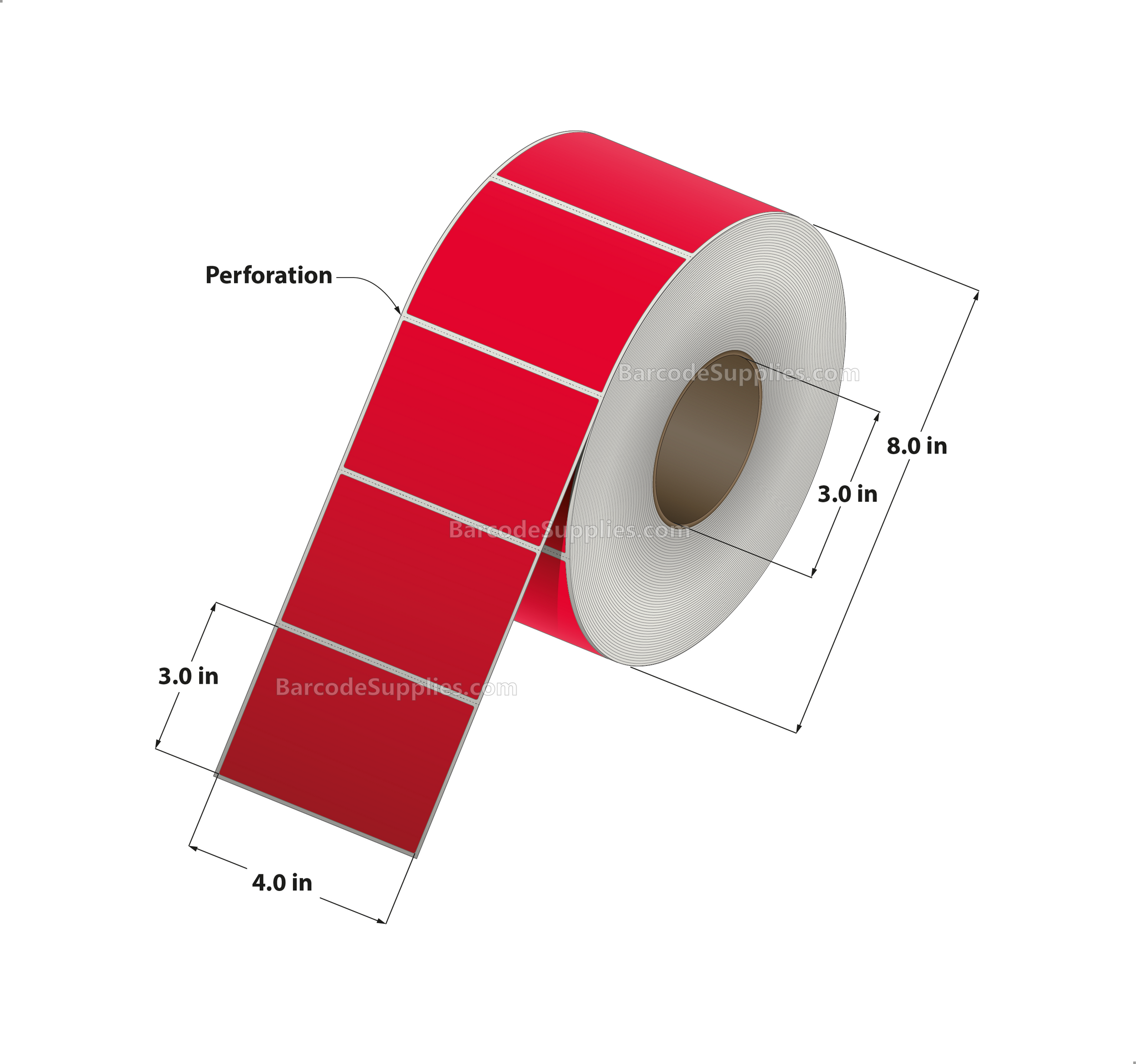 4 x 3 Direct Thermal Red Labels With Acrylic Adhesive - Perforated - 1900 Labels Per Roll - Carton Of 4 Rolls - 7600 Labels Total - MPN: RD-4-3-1900-RD