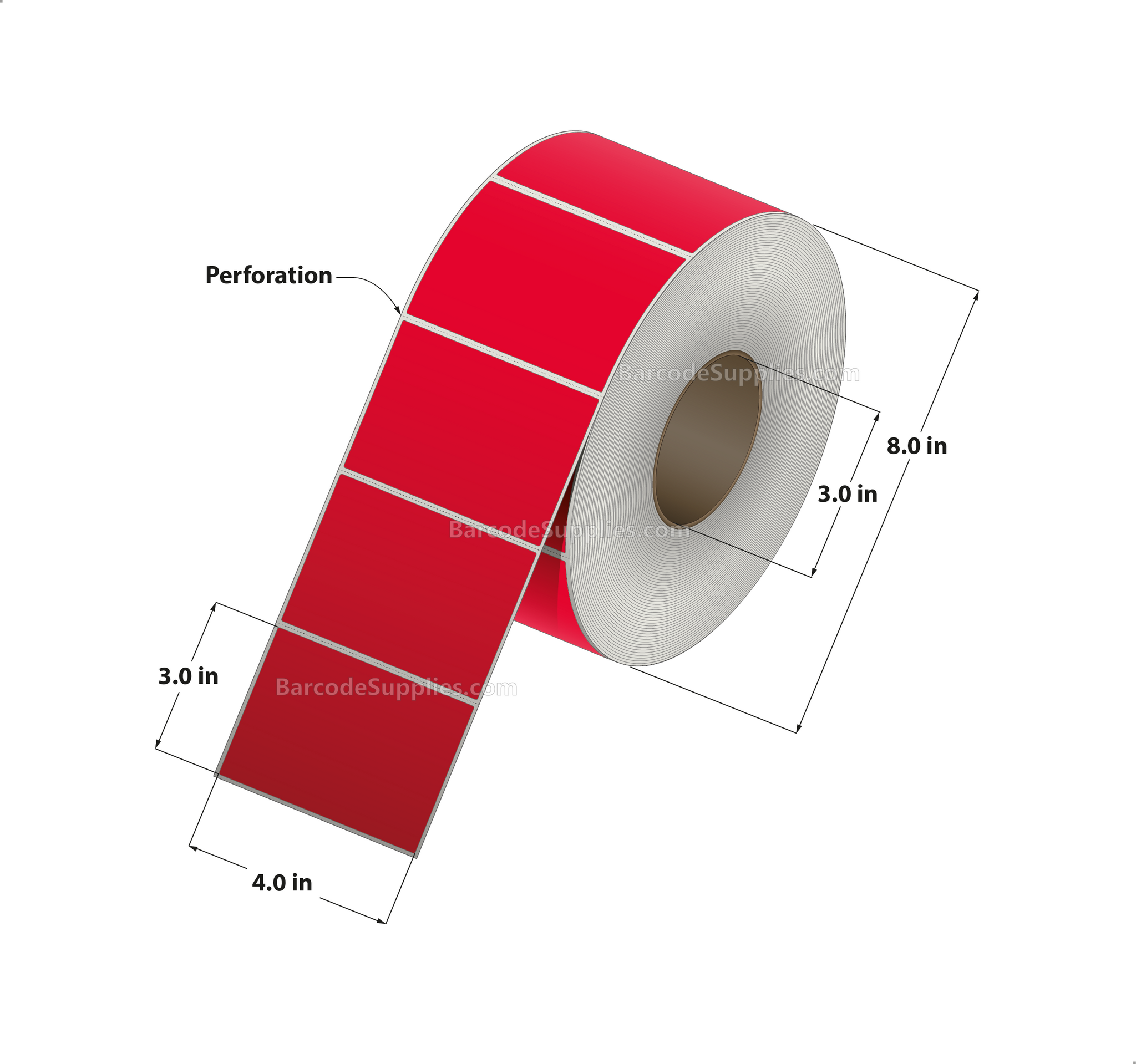 Products 4 x 3 Thermal Transfer 032 Red Labels With Permanent Adhesive - Perforated - 1900 Labels Per Roll - Carton Of 4 Rolls - 7600 Labels Total - MPN: RFC-4-3-1900-RD