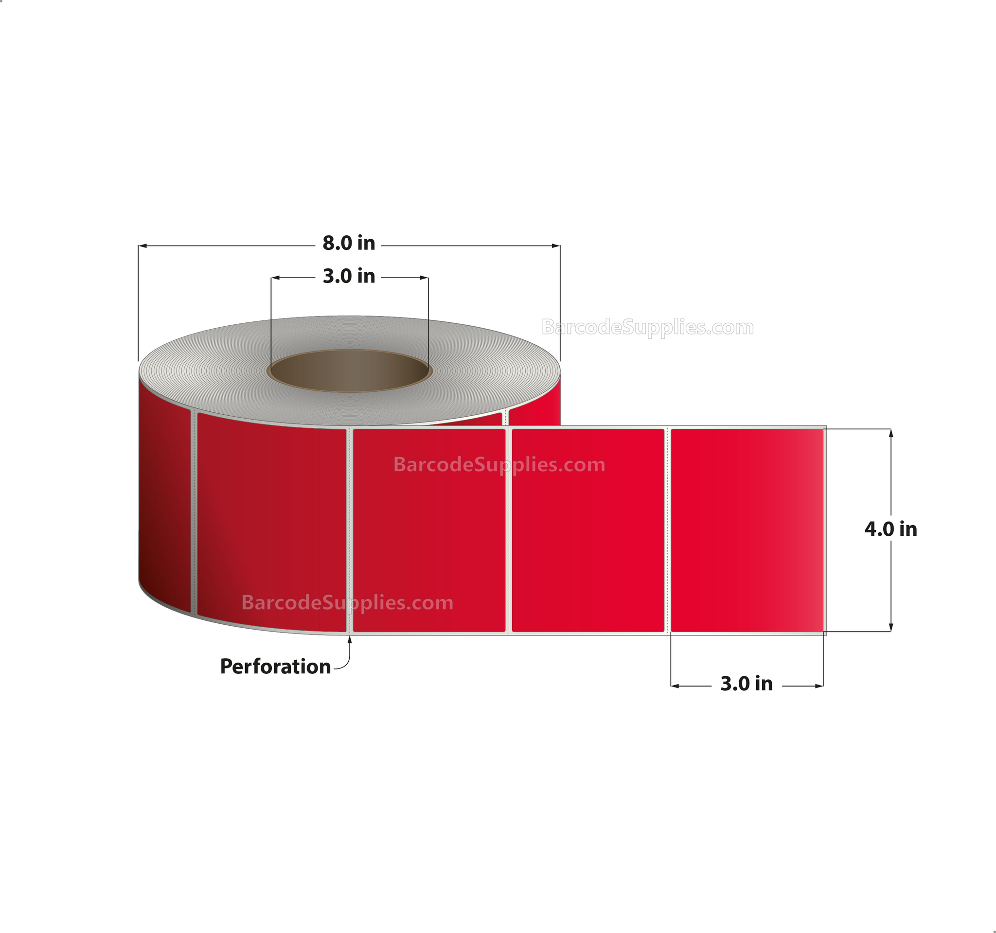 4 x 3 Direct Thermal Red Labels With Acrylic Adhesive - Perforated - 1900 Labels Per Roll - Carton Of 4 Rolls - 7600 Labels Total - MPN: RD-4-3-1900-RD