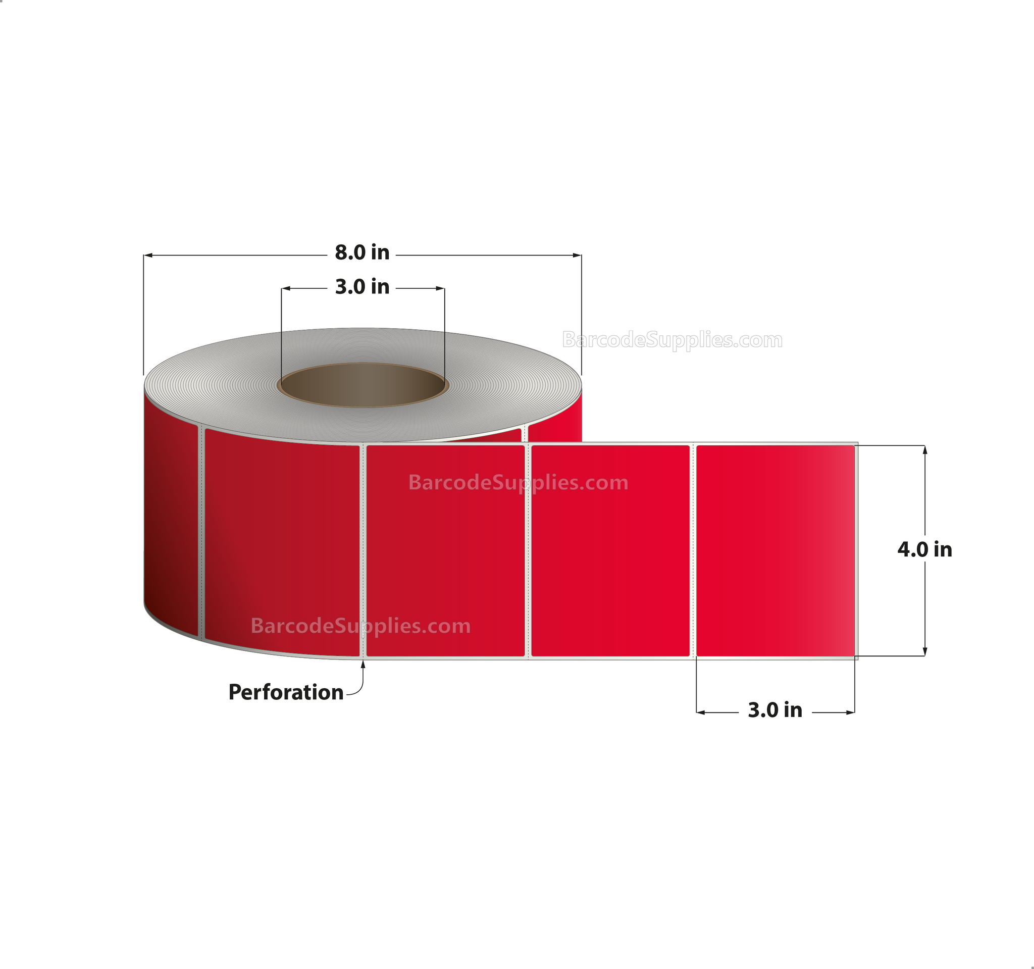 Products 4 x 3 Thermal Transfer 032 Red Labels With Permanent Adhesive - Perforated - 1900 Labels Per Roll - Carton Of 4 Rolls - 7600 Labels Total - MPN: RFC-4-3-1900-RD