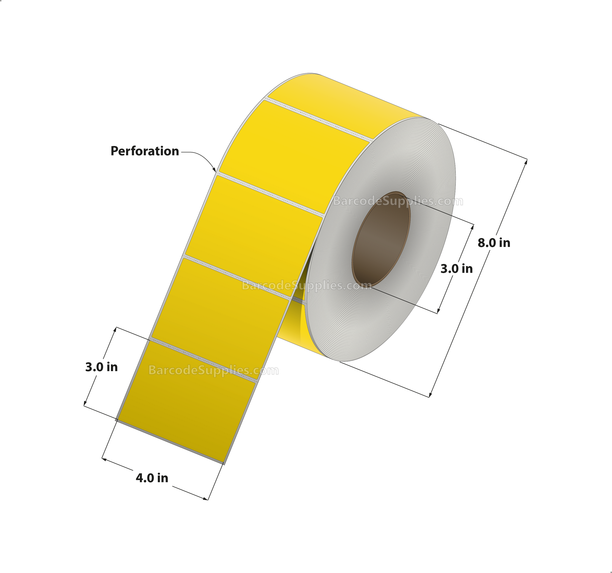 4 x 3 Thermal Transfer Pantone Yellow Labels With Permanent Adhesive - Perforated - 1900 Labels Per Roll - Carton Of 4 Rolls - 7600 Labels Total - MPN: RFC-4-3-1900-YL