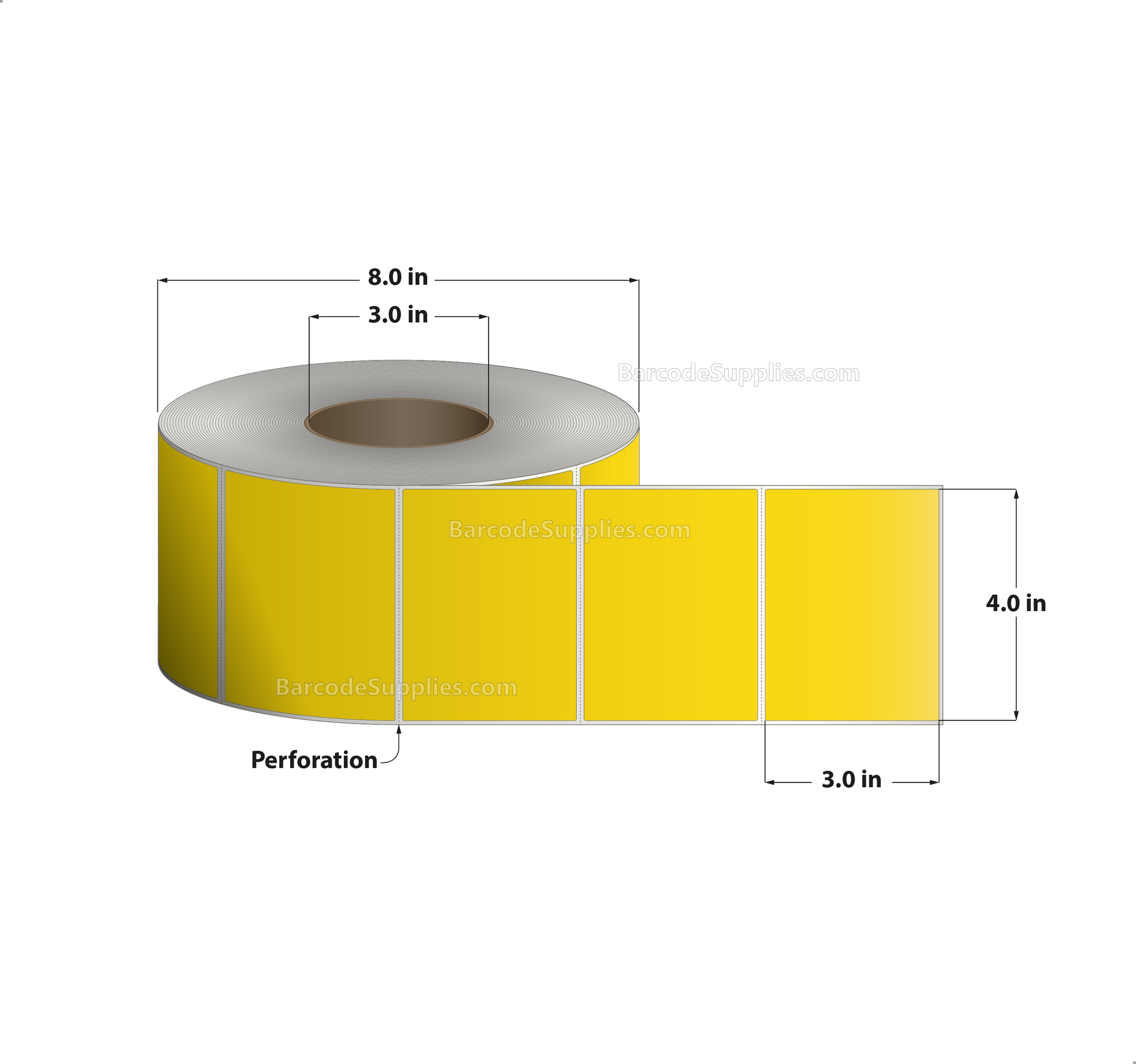 4 x 3 Direct Thermal Yellow Labels With Acrylic Adhesive - Perforated - 1900 Labels Per Roll - Carton Of 4 Rolls - 7600 Labels Total - MPN: RD-4-3-1900-YL