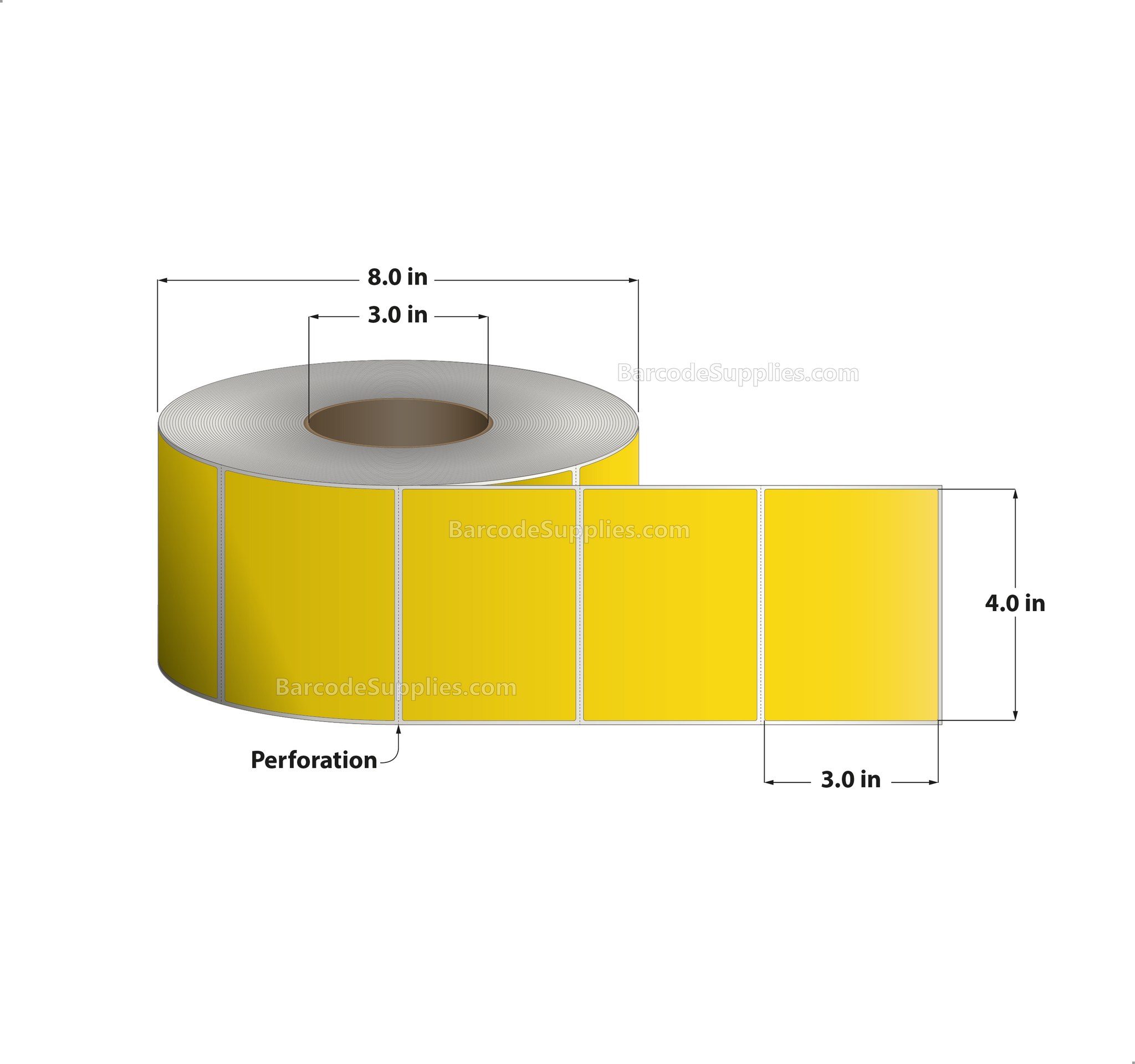 4 x 3 Thermal Transfer Pantone Yellow Labels With Permanent Acrylic Adhesive - Perforated - 1900 Labels Per Roll - Carton Of 4 Rolls - 7600 Labels Total - MPN: TH43-1PY