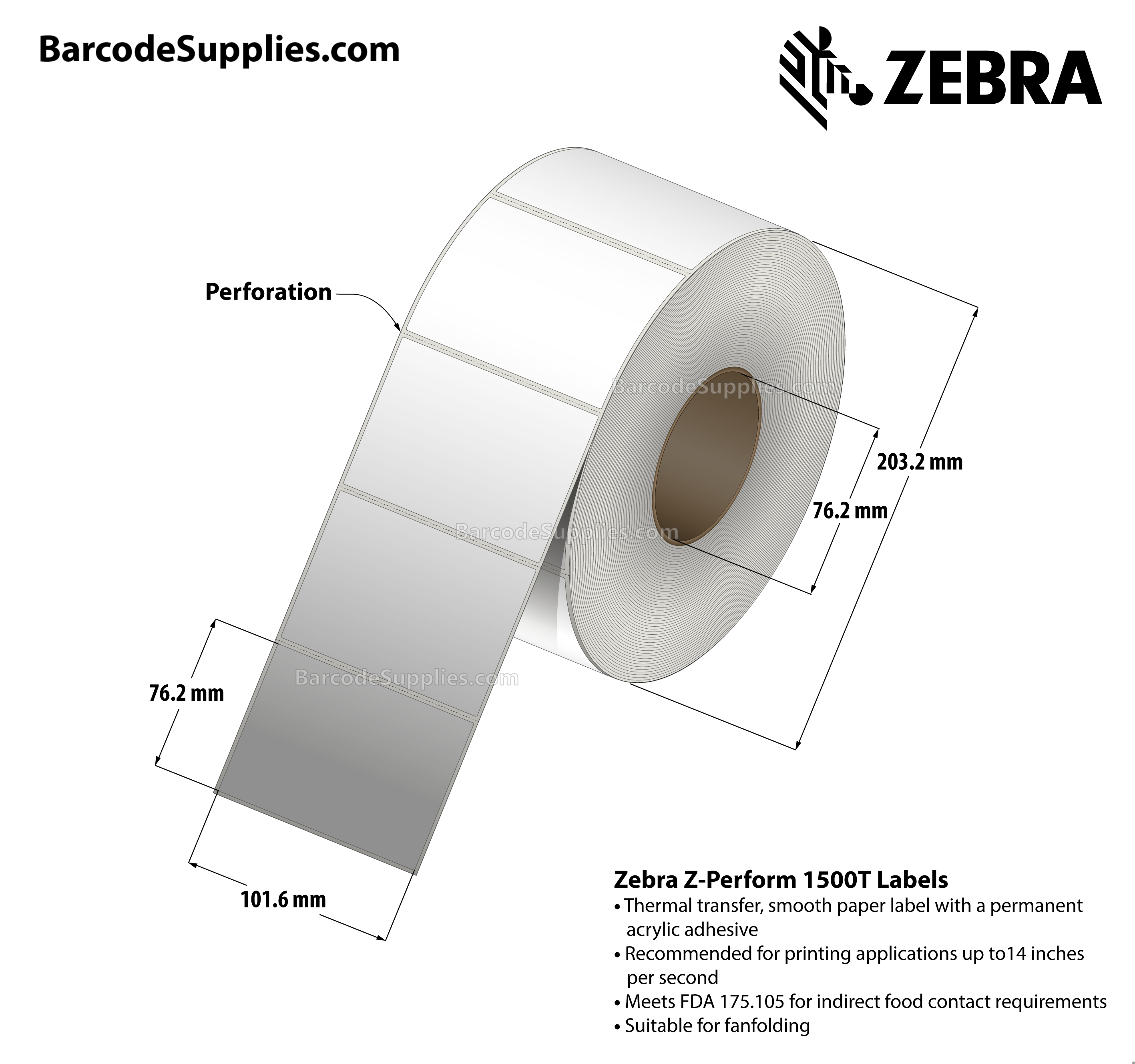 4 x 3 Thermal Transfer White Z-Perform 1500T Labels With Permanent Adhesive - Perforated - 2000 Labels Per Roll - Carton Of 4 Rolls - 8000 Labels Total - MPN: 10018349