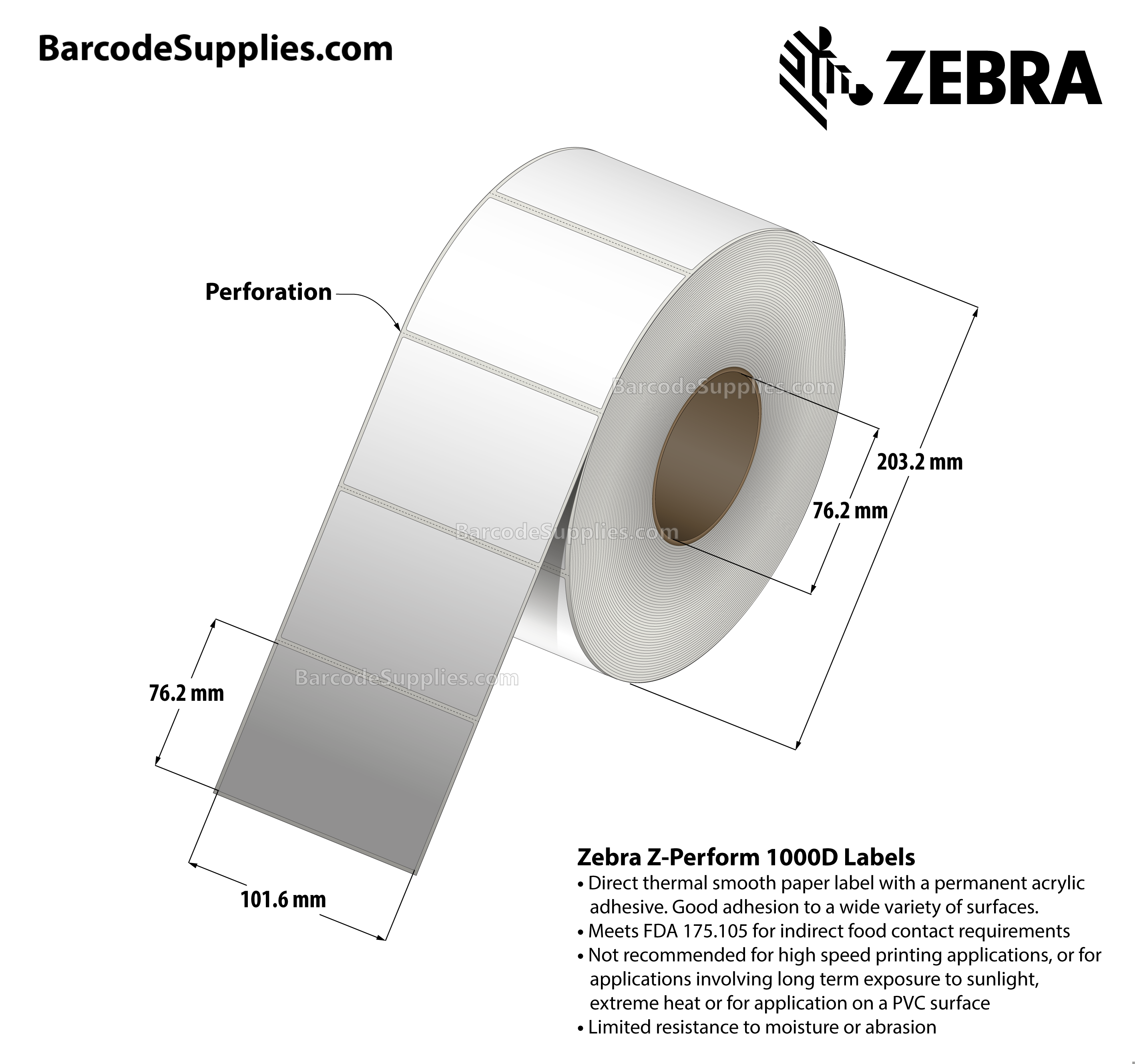 Products 4 x 3 Direct Thermal White Z-Perform 1000D Labels With Permanent Adhesive - Perforated - 2000 Labels Per Roll - Carton Of 4 Rolls - 8000 Labels Total - MPN: 10000302