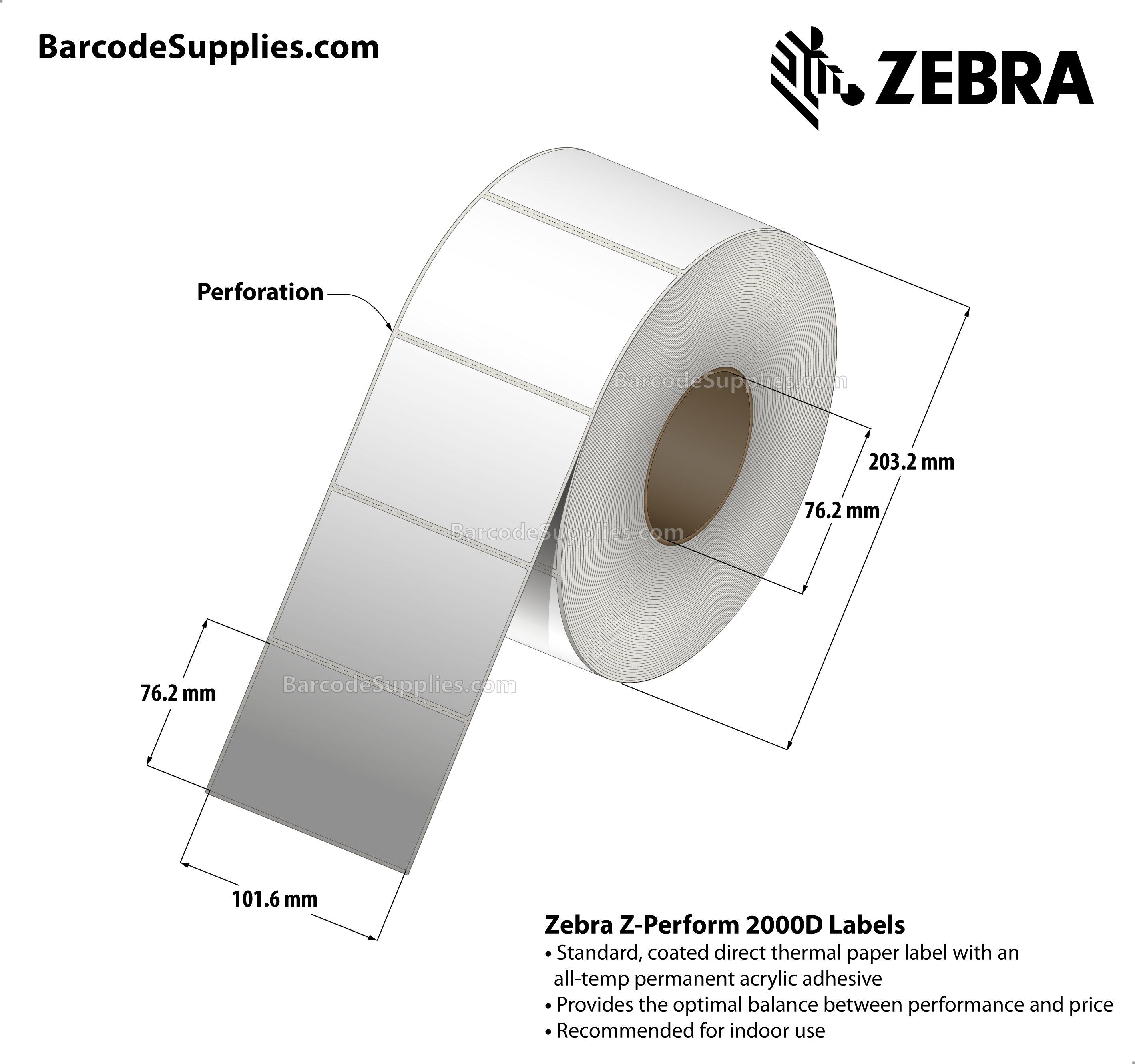 4 x 3 Direct Thermal White Z-Perform 2000D Labels With All-Temp Adhesive - Perforated - 2000 Labels Per Roll - Carton Of 4 Rolls - 8000 Labels Total - MPN: 10000293
