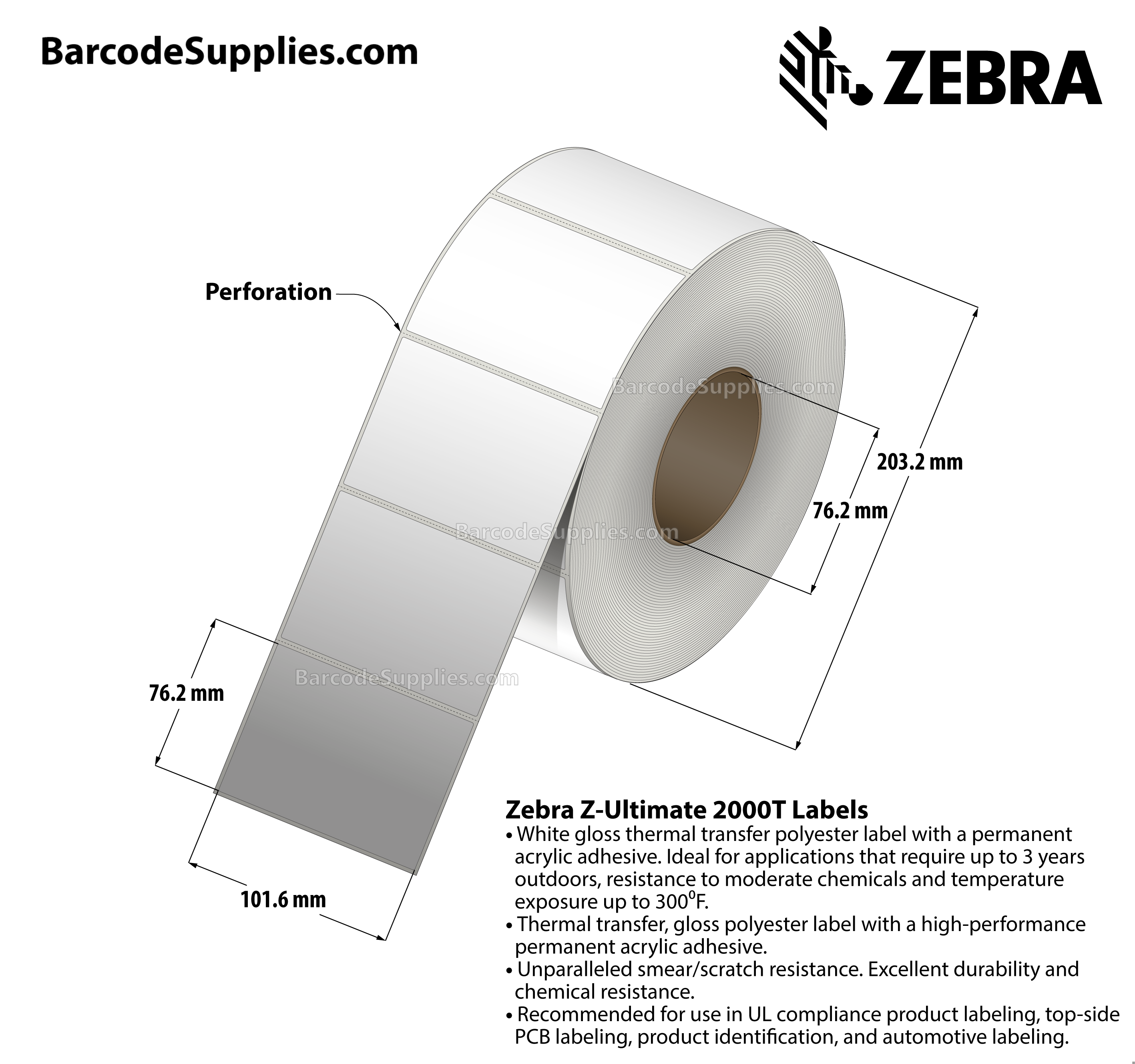4 x 3 Thermal Transfer White Z-Ultimate 2000T Labels With Permanent Adhesive - Perforated - 2000 Labels Per Roll - Carton Of 4 Rolls - 8000 Labels Total - MPN: 10017521