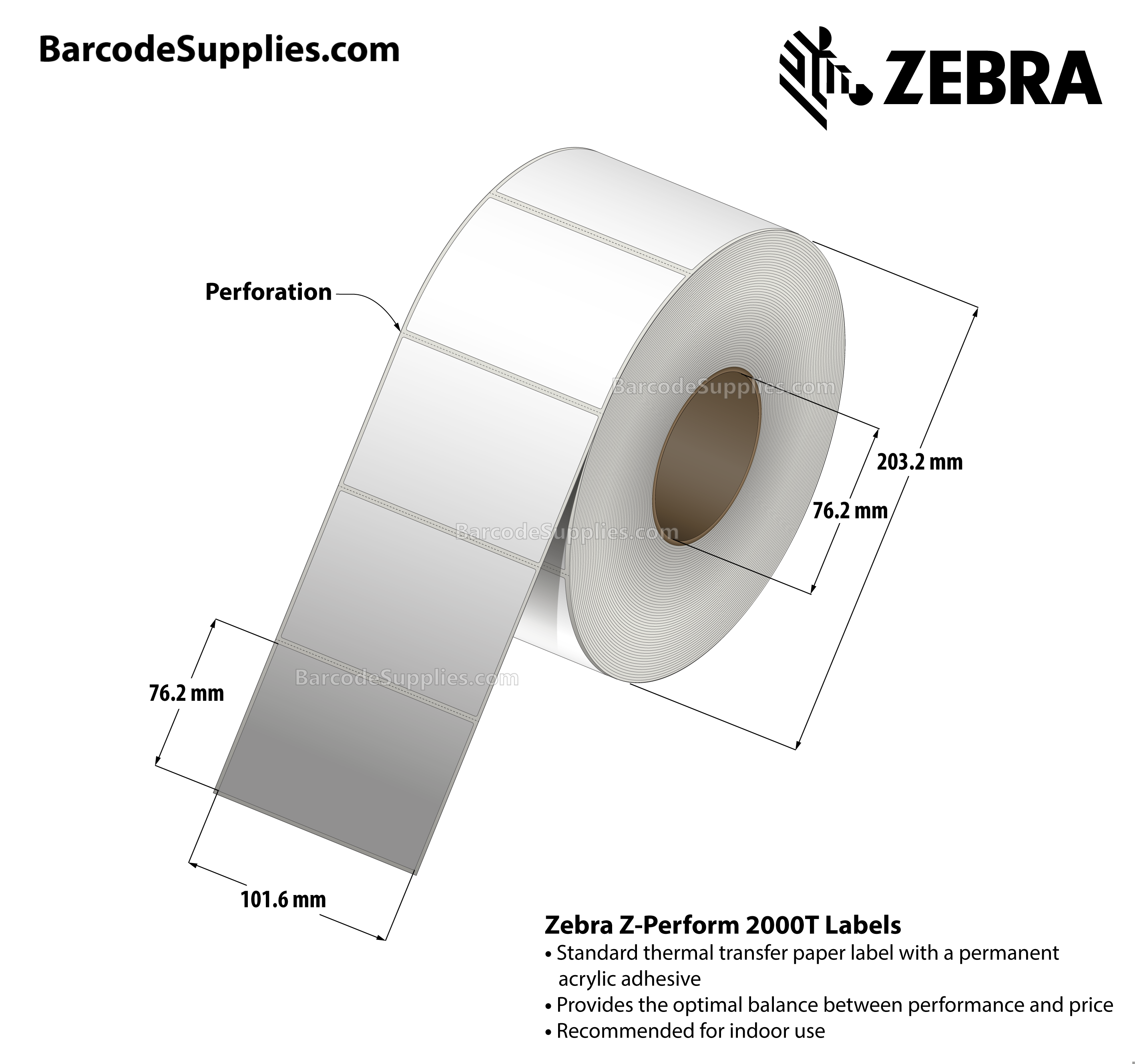 4 x 3 Thermal Transfer White Z-Perform 2000T Labels With Permanent Adhesive - Perforated - 2000 Labels Per Roll - Carton Of 4 Rolls - 8000 Labels Total - MPN: 10000284