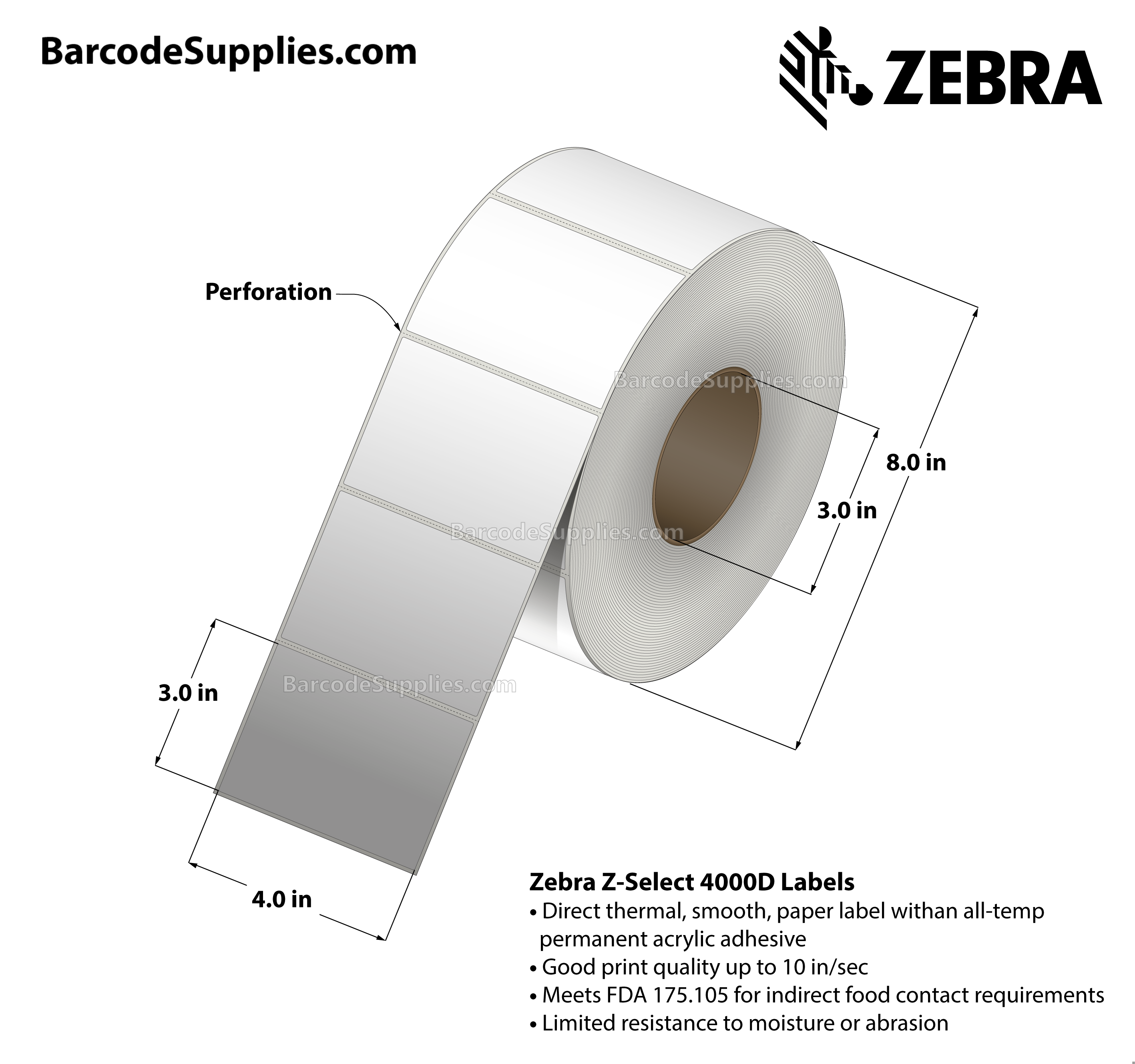4 x 3 Direct Thermal White Z-Select 4000D Labels With All-Temp Adhesive - Perforated - 2238 Labels Per Roll - Carton Of 4 Rolls - 8952 Labels Total - MPN: 800740-305