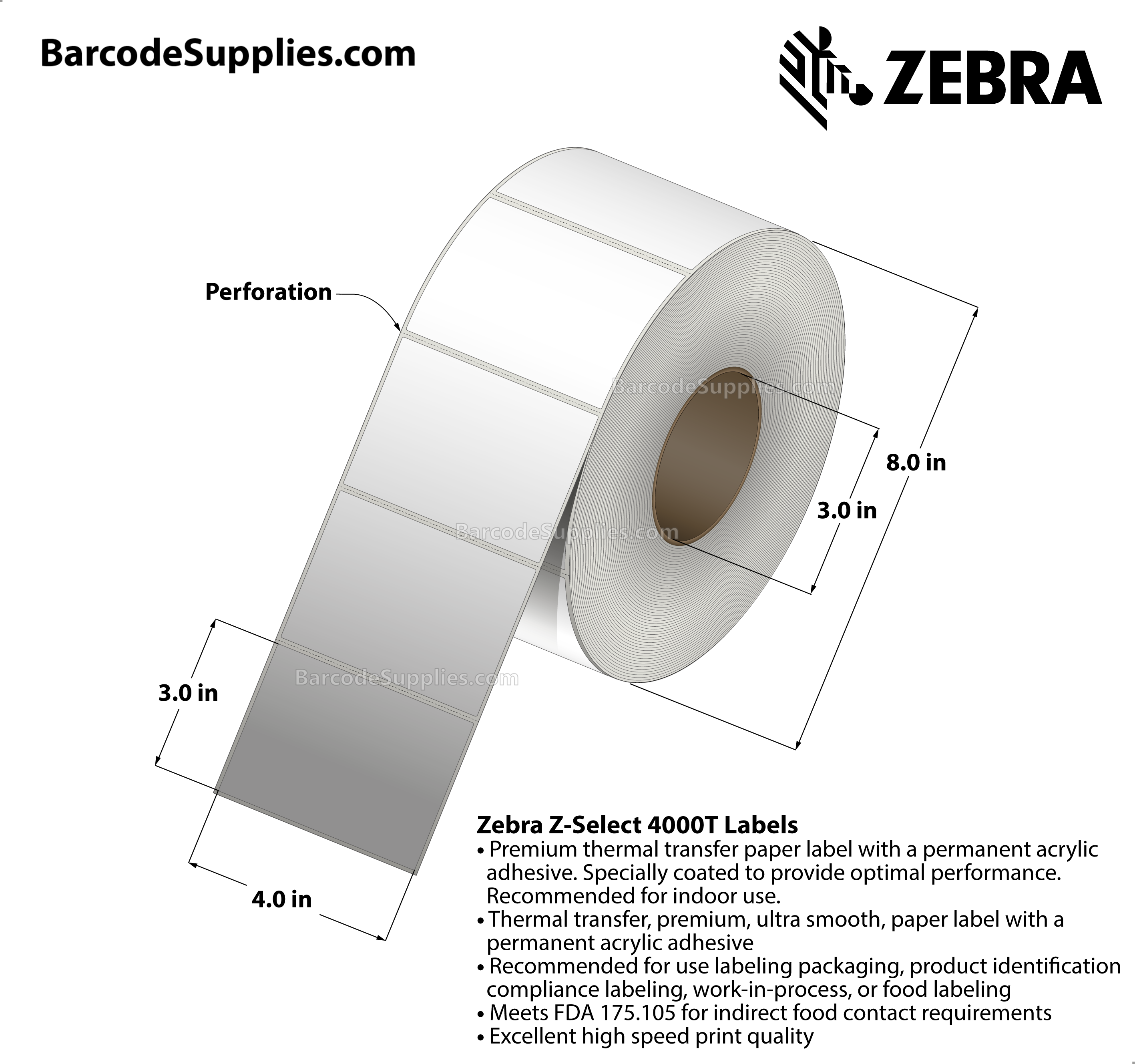 4 x 3 Thermal Transfer White Z-Select 4000T Labels With Permanent Adhesive - Perforated - 2238 Labels Per Roll - Carton Of 4 Rolls - 8952 Labels Total - MPN: 800640-305