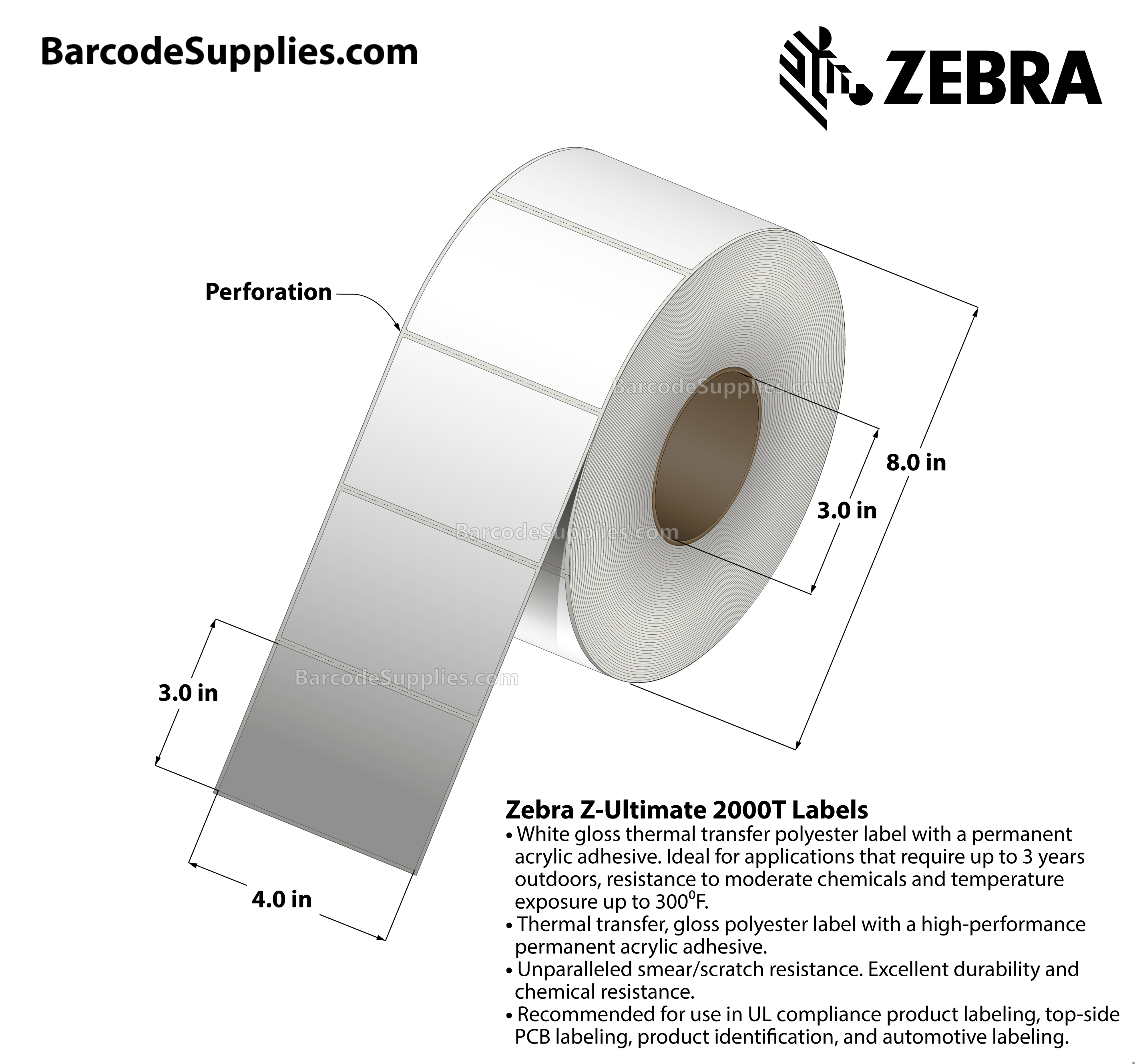4 x 3 Thermal Transfer White Z-Ultimate 2000T Labels With Permanent Adhesive - Perforated - 2000 Labels Per Roll - Carton Of 4 Rolls - 8000 Labels Total - MPN: 10017521