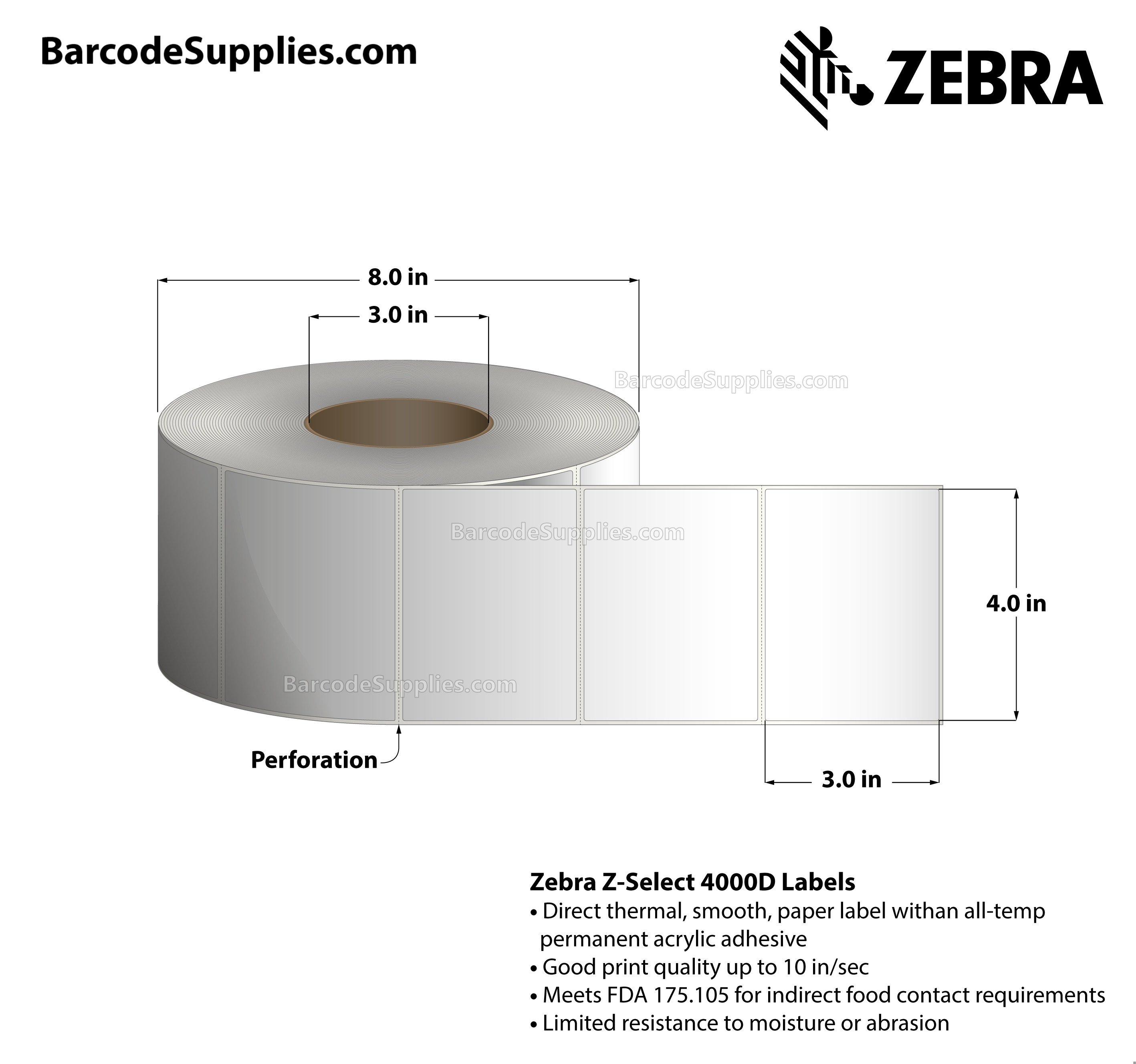 4 x 3 Direct Thermal White Z-Select 4000D Labels With All-Temp Adhesive - Perforated - 2238 Labels Per Roll - Carton Of 4 Rolls - 8952 Labels Total - MPN: 800740-305