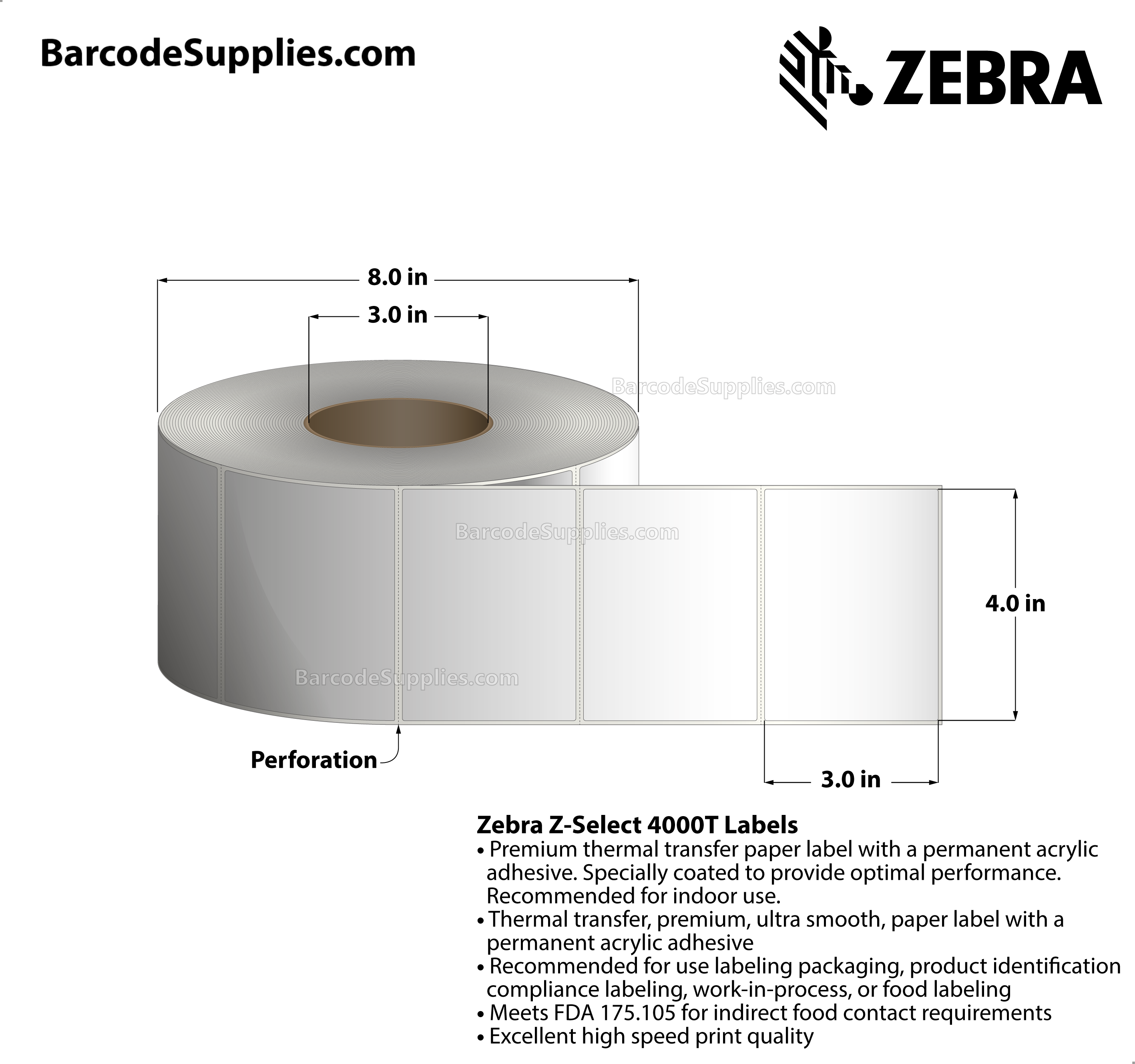 4 x 3 Thermal Transfer White Z-Select 4000T Labels With Permanent Adhesive - Perforated - 2238 Labels Per Roll - Carton Of 4 Rolls - 8952 Labels Total - MPN: 800640-305