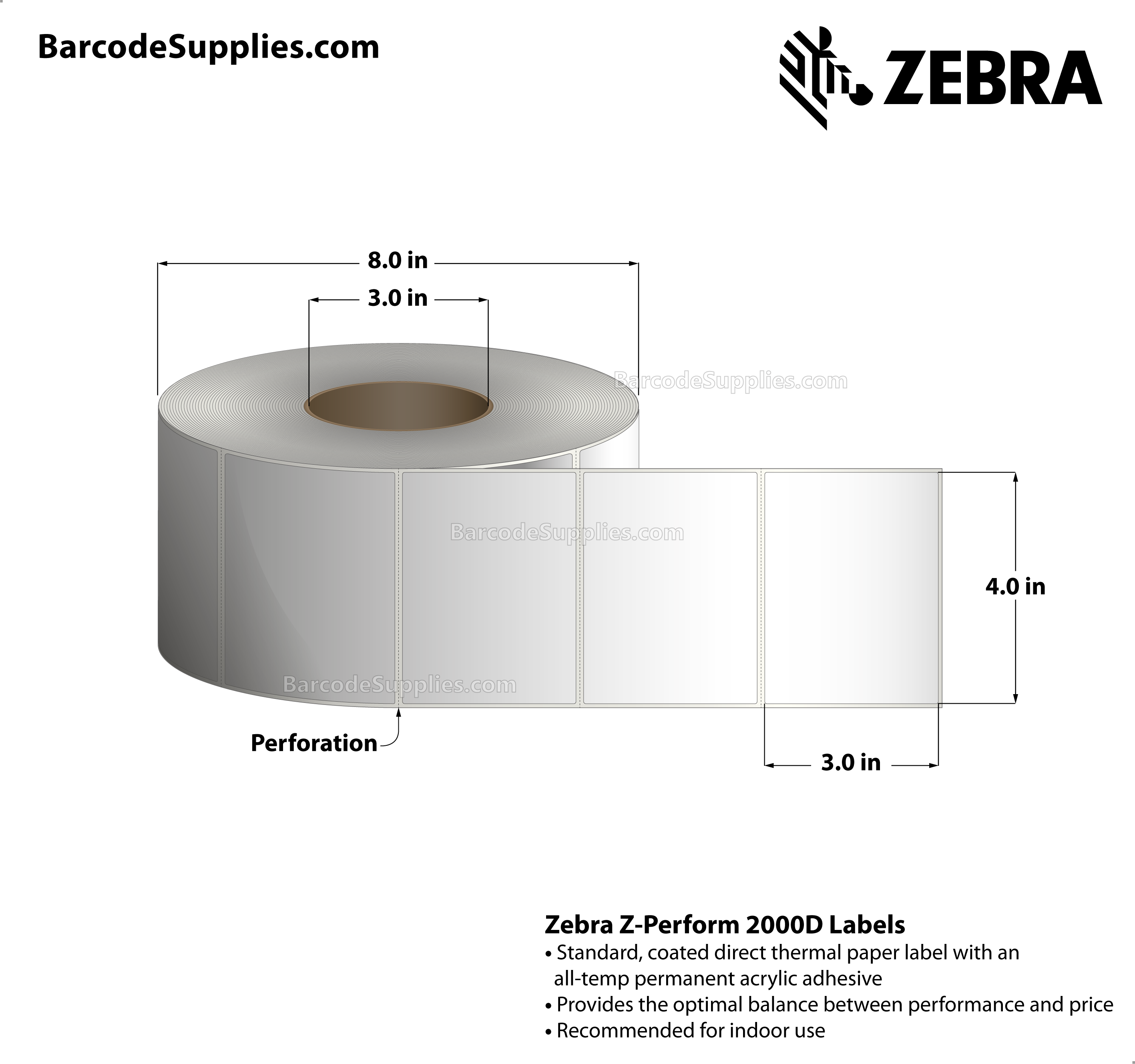 4 x 3 Direct Thermal White Z-Perform 2000D Labels With All-Temp Adhesive - Perforated - 2000 Labels Per Roll - Carton Of 4 Rolls - 8000 Labels Total - MPN: 10000293