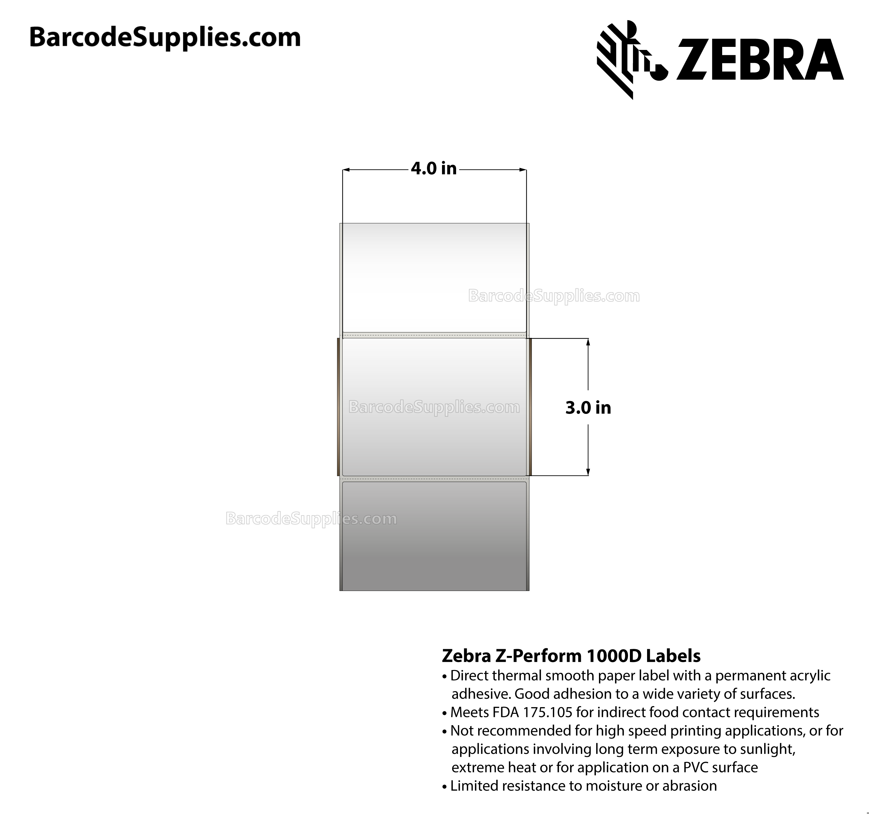Products 4 x 3 Direct Thermal White Z-Perform 1000D Labels With Permanent Adhesive - Perforated - 2000 Labels Per Roll - Carton Of 4 Rolls - 8000 Labels Total - MPN: 10000302