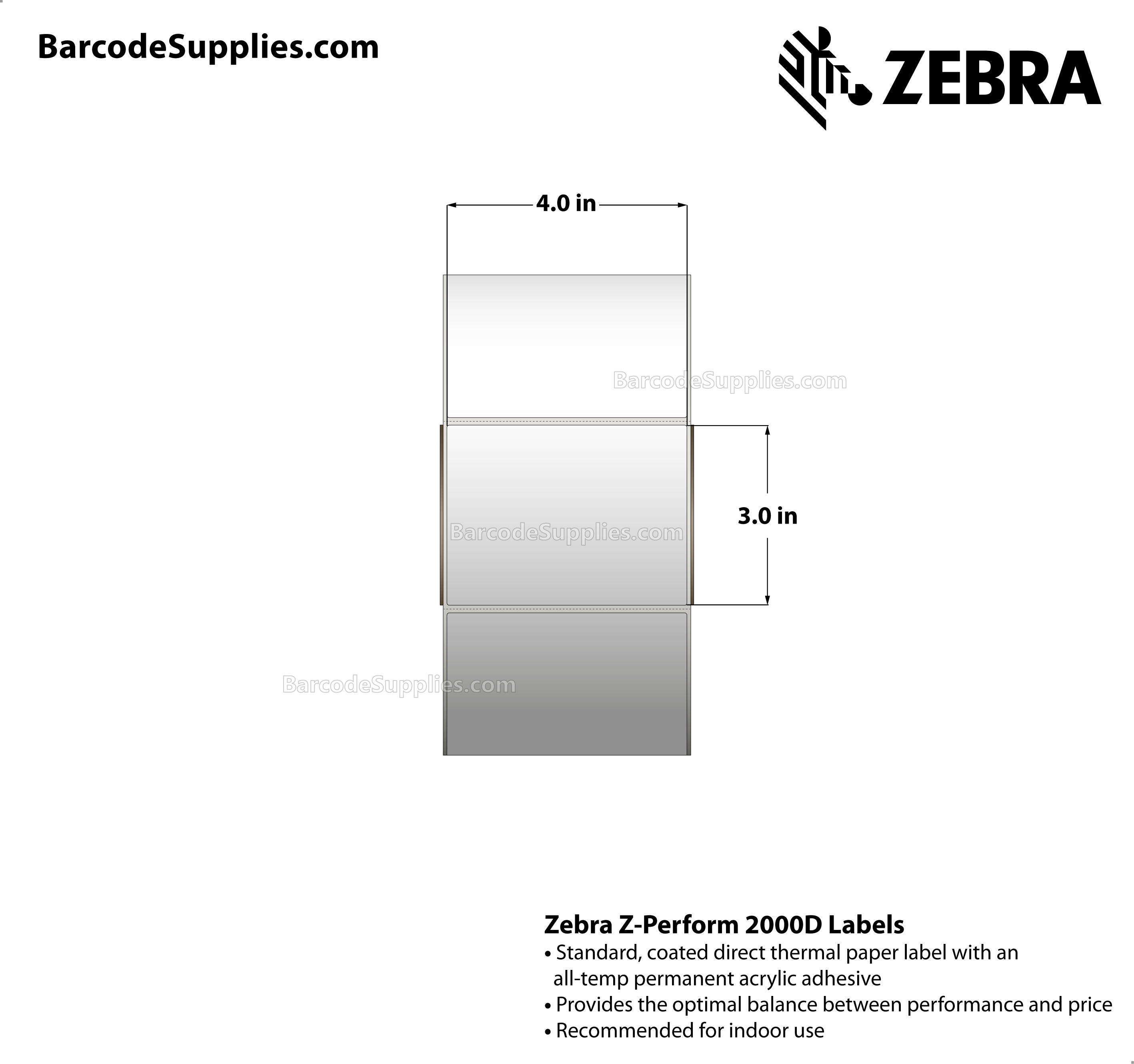 4 x 3 Direct Thermal White Z-Perform 2000D Labels With All-Temp Adhesive - Perforated - 2000 Labels Per Roll - Carton Of 4 Rolls - 8000 Labels Total - MPN: 10000293