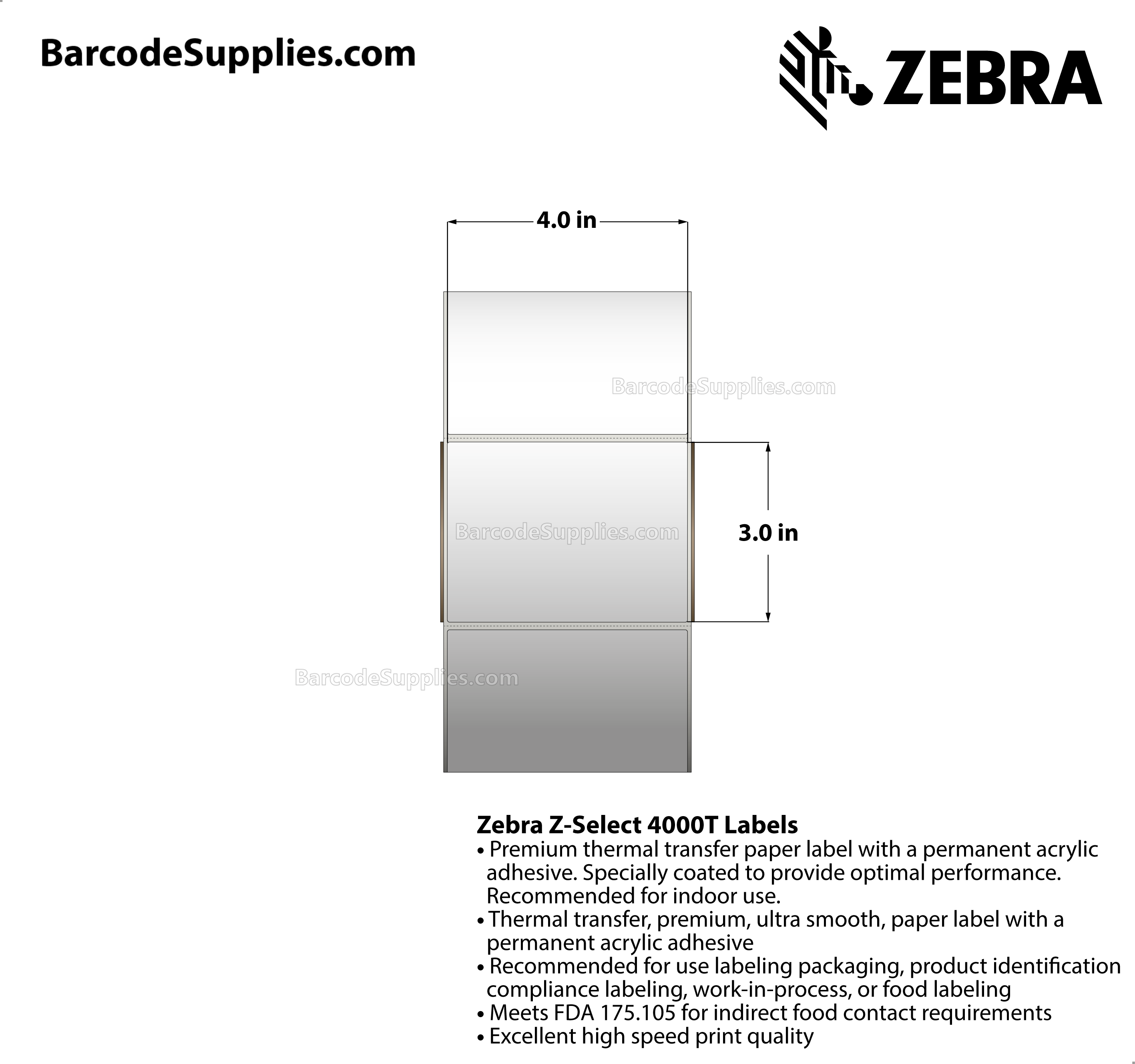 4 x 3 Thermal Transfer White Z-Select 4000T Labels With Permanent Adhesive - Perforated - 2238 Labels Per Roll - Carton Of 4 Rolls - 8952 Labels Total - MPN: 800640-305