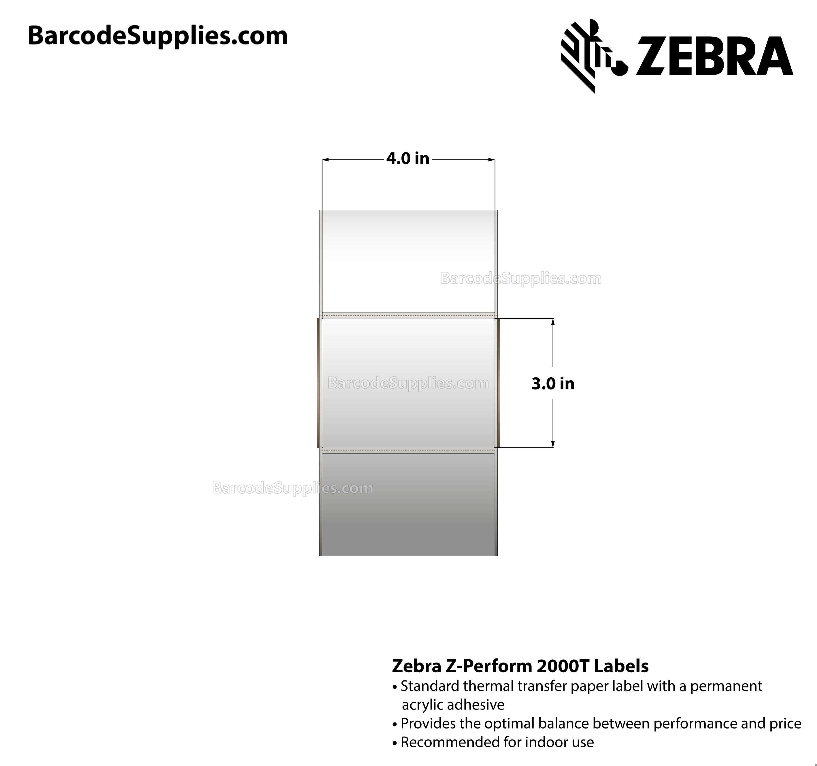 4 x 3 Thermal Transfer White Z-Perform 2000T Labels With Permanent Adhesive - Perforated - 2000 Labels Per Roll - Carton Of 4 Rolls - 8000 Labels Total - MPN: 10000284
