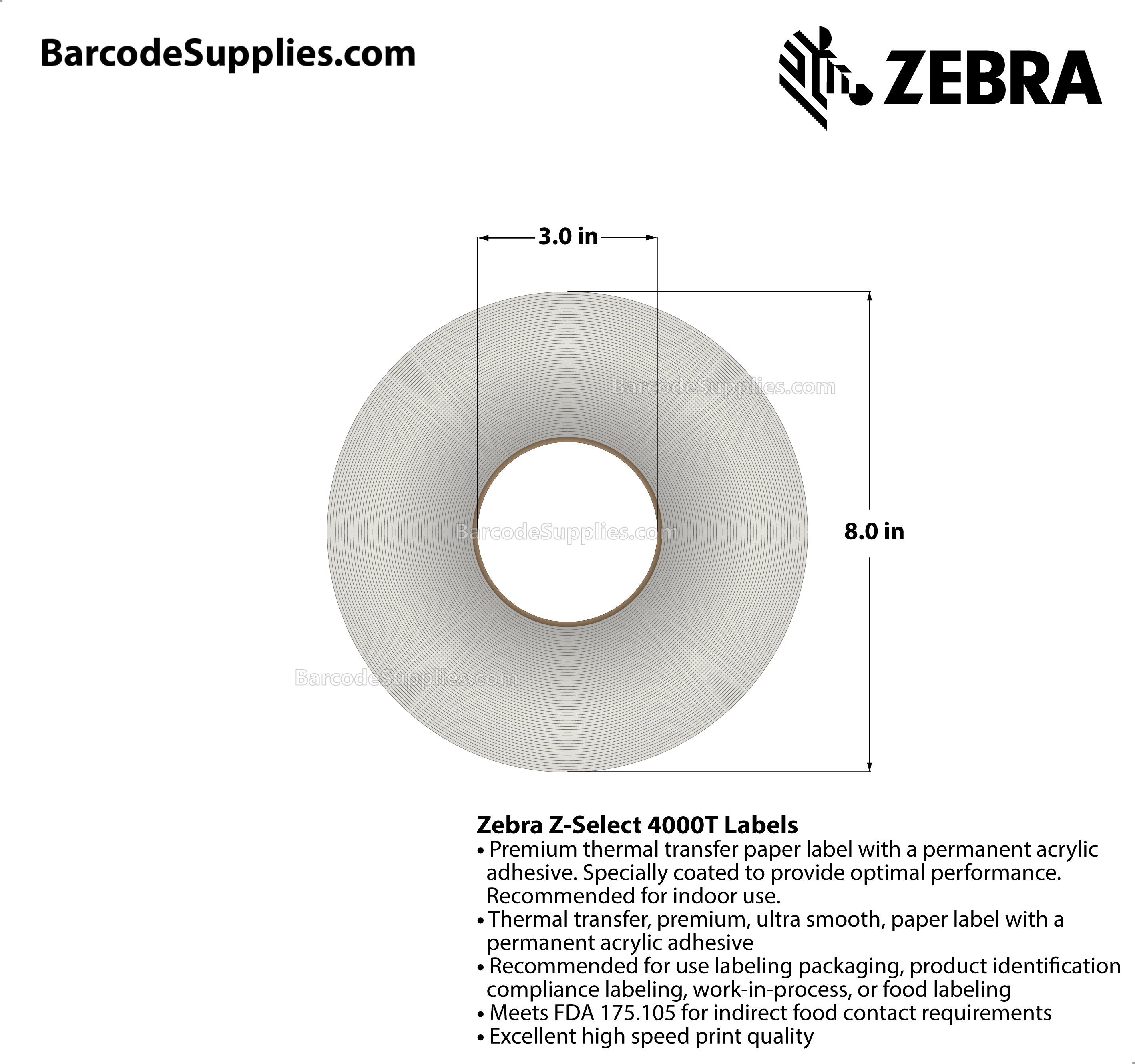 4 x 3 Thermal Transfer White Z-Select 4000T Labels With Permanent Adhesive - Perforated - 2238 Labels Per Roll - Carton Of 4 Rolls - 8952 Labels Total - MPN: 800640-305