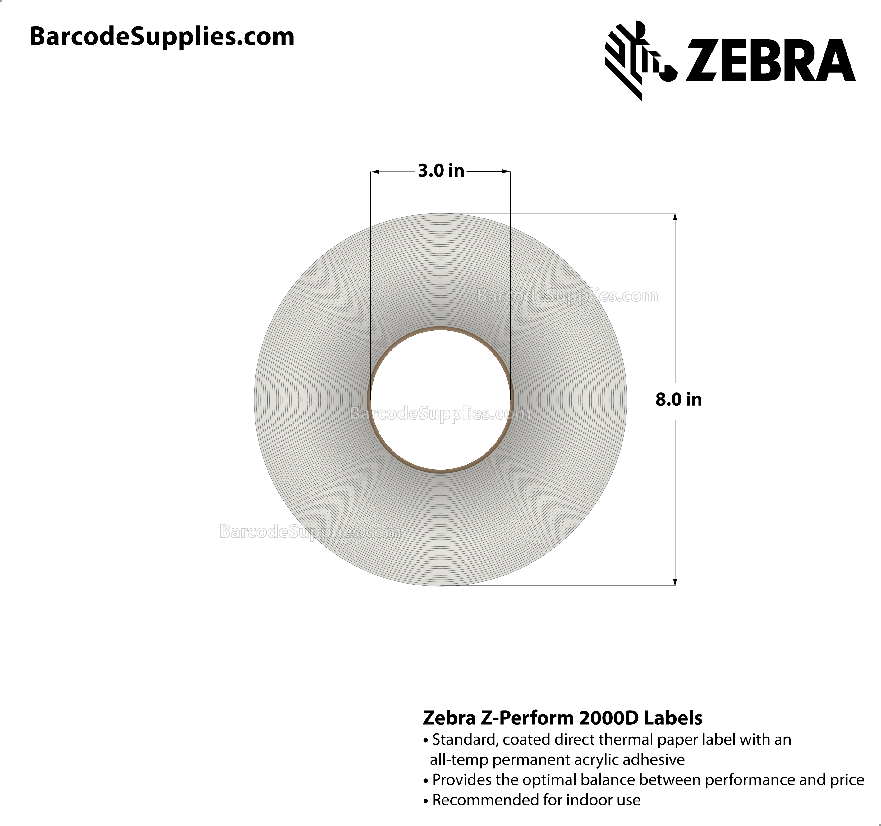 4 x 3 Direct Thermal White Z-Perform 2000D Labels With All-Temp Adhesive - Perforated - 2000 Labels Per Roll - Carton Of 4 Rolls - 8000 Labels Total - MPN: 10000293