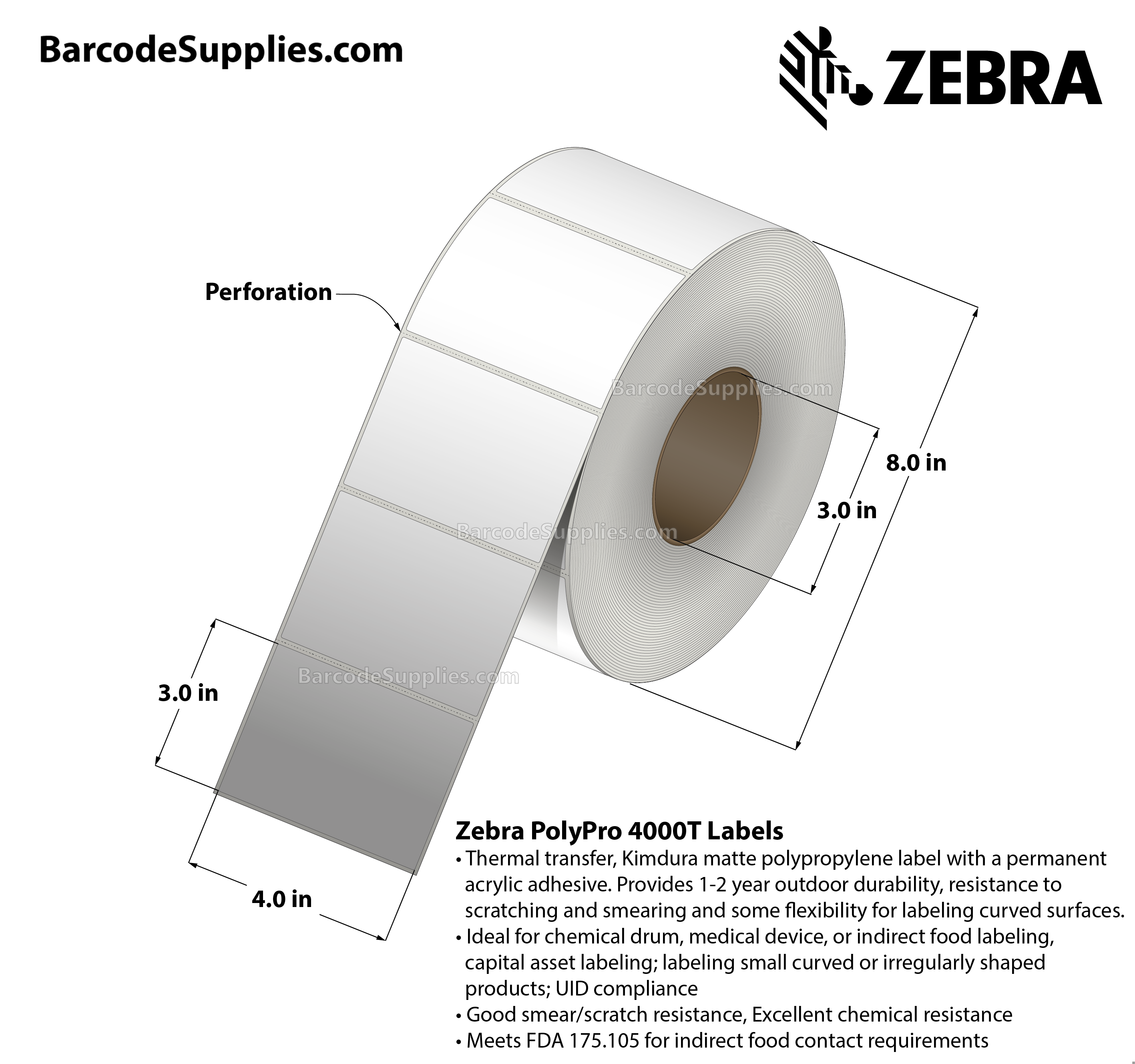 4 x 3 Thermal Transfer White PolyPro 4000T Labels With Permanent Adhesive - Perforated - 1420 Labels Per Roll - Carton Of 4 Rolls - 5680 Labels Total - MPN: 10008531