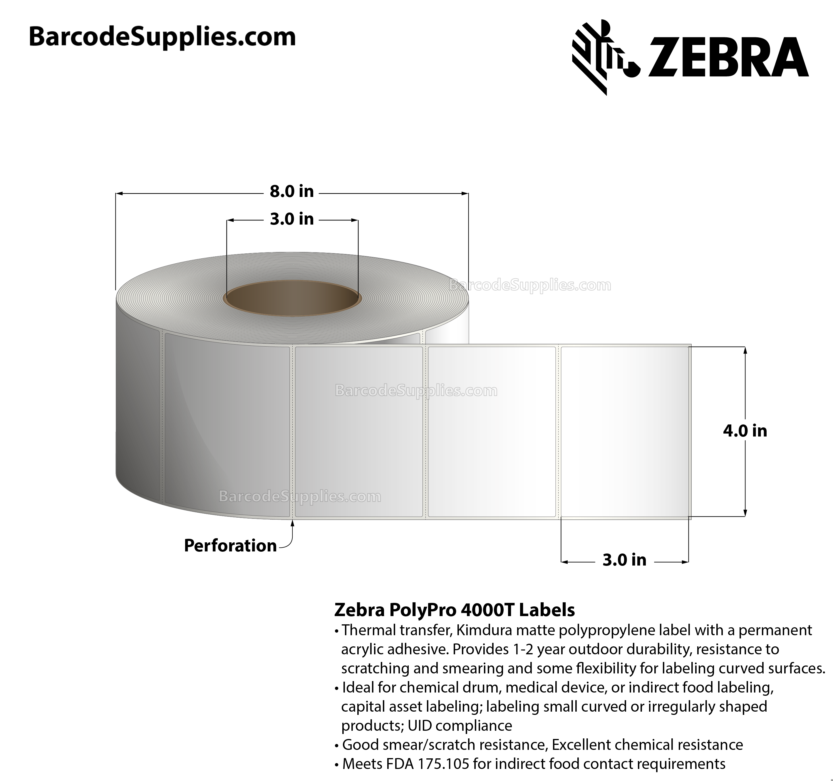 4 x 3 Thermal Transfer White PolyPro 4000T Labels With Permanent Adhesive - Perforated - 1420 Labels Per Roll - Carton Of 4 Rolls - 5680 Labels Total - MPN: 10008531