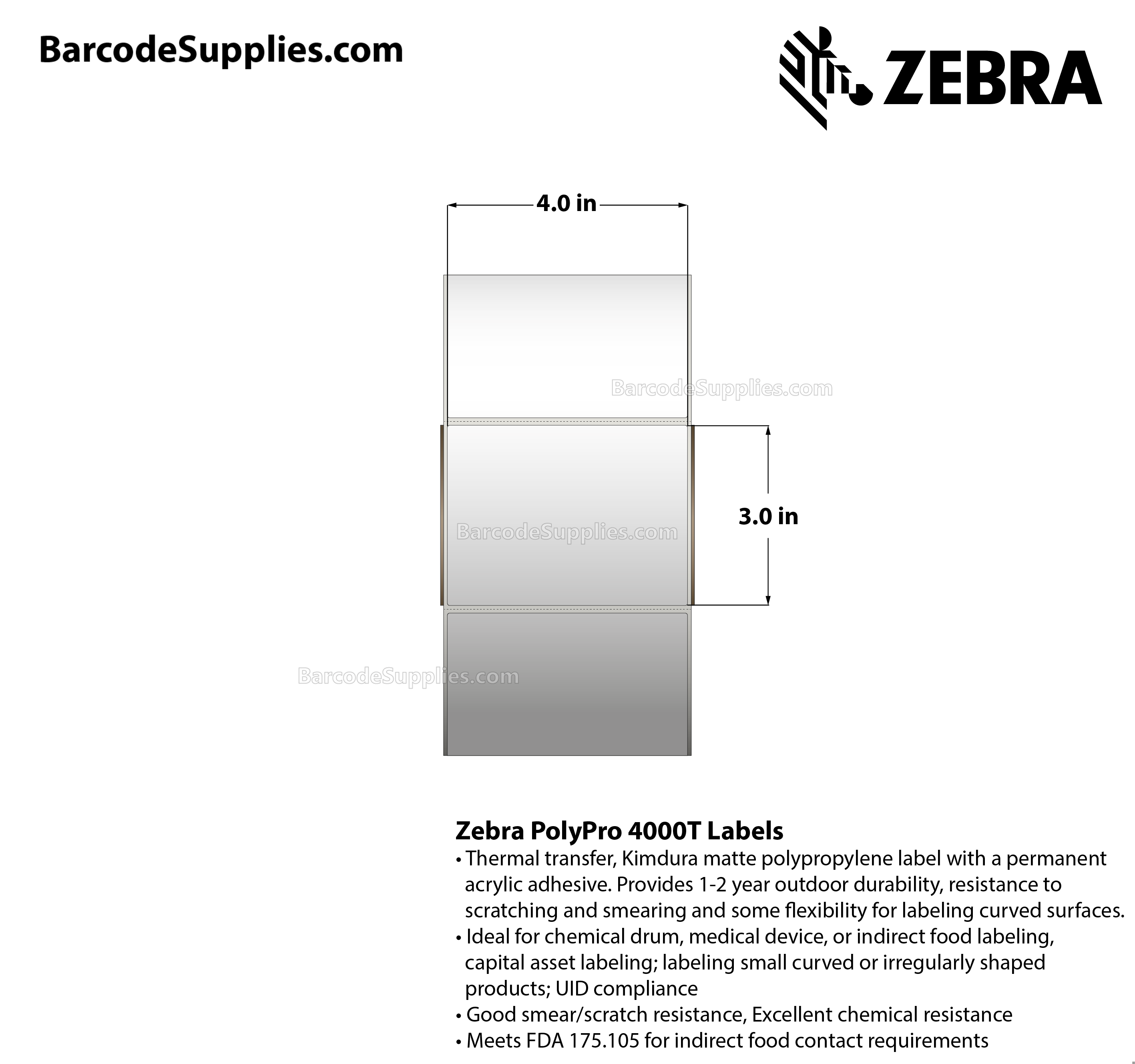 4 x 3 Thermal Transfer White PolyPro 4000T Labels With Permanent Adhesive - Perforated - 1420 Labels Per Roll - Carton Of 4 Rolls - 5680 Labels Total - MPN: 10008531