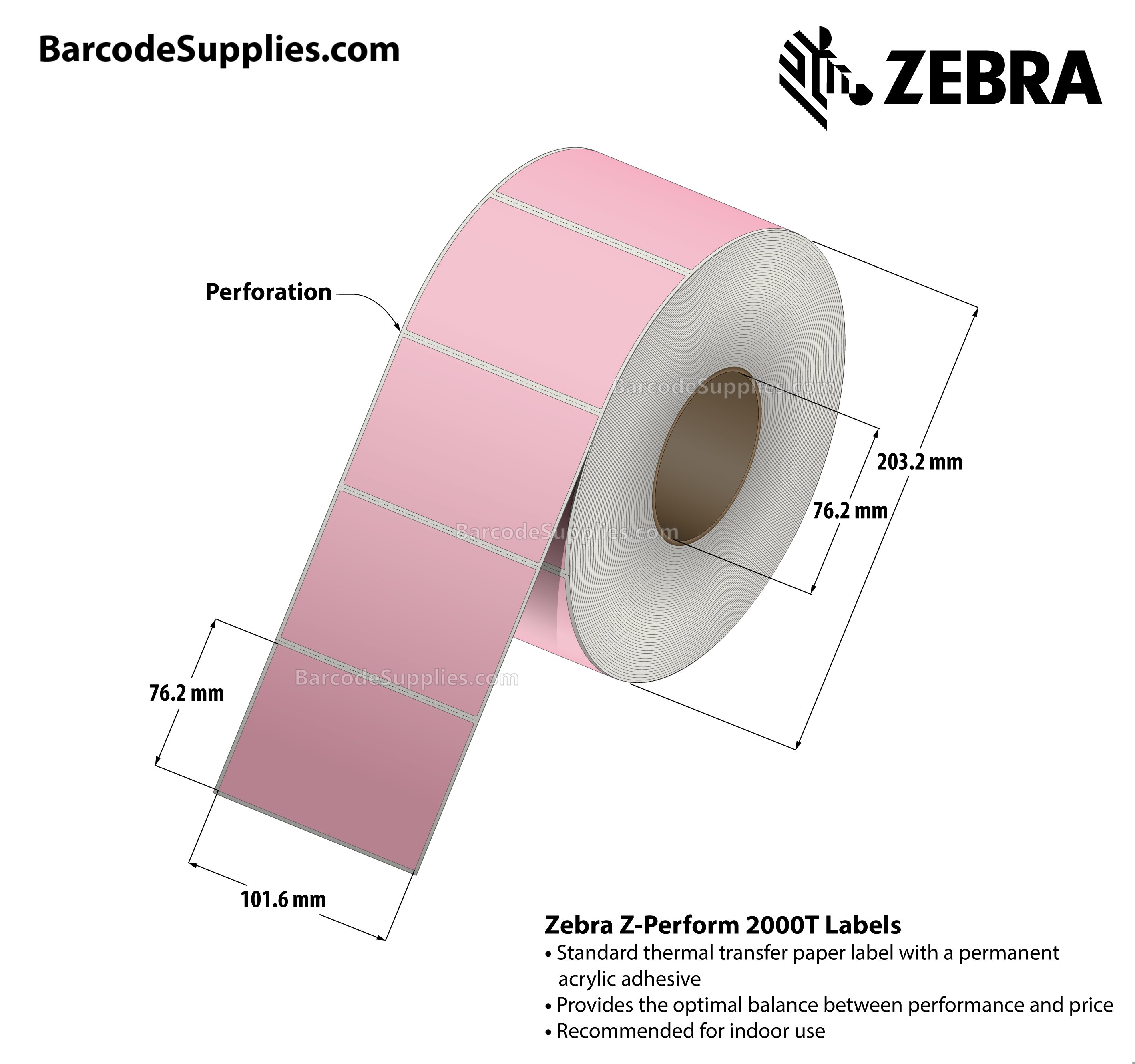 4 x 3 Thermal Transfer Pink - PMS 1767 Z-Perform 2000T Floodcoated (Pink) Labels With Permanent Adhesive - Perforated - 1840 Labels Per Roll - Carton Of 4 Rolls - 7360 Labels Total - MPN: 10006209-3