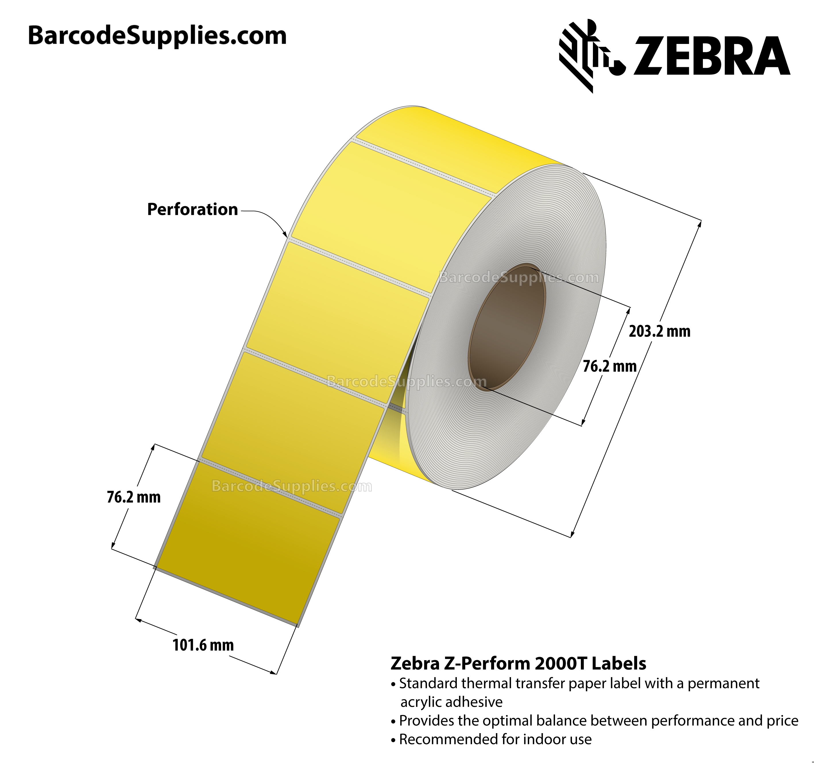 4 x 3 Thermal Transfer Yellow - Pantone Yellow Z-Perform 2000T Floodcoated (Yellow) Labels With Permanent Adhesive - Perforated - 1840 Labels Per Roll - Carton Of 4 Rolls - 7360 Labels Total - MPN: 10006209-1